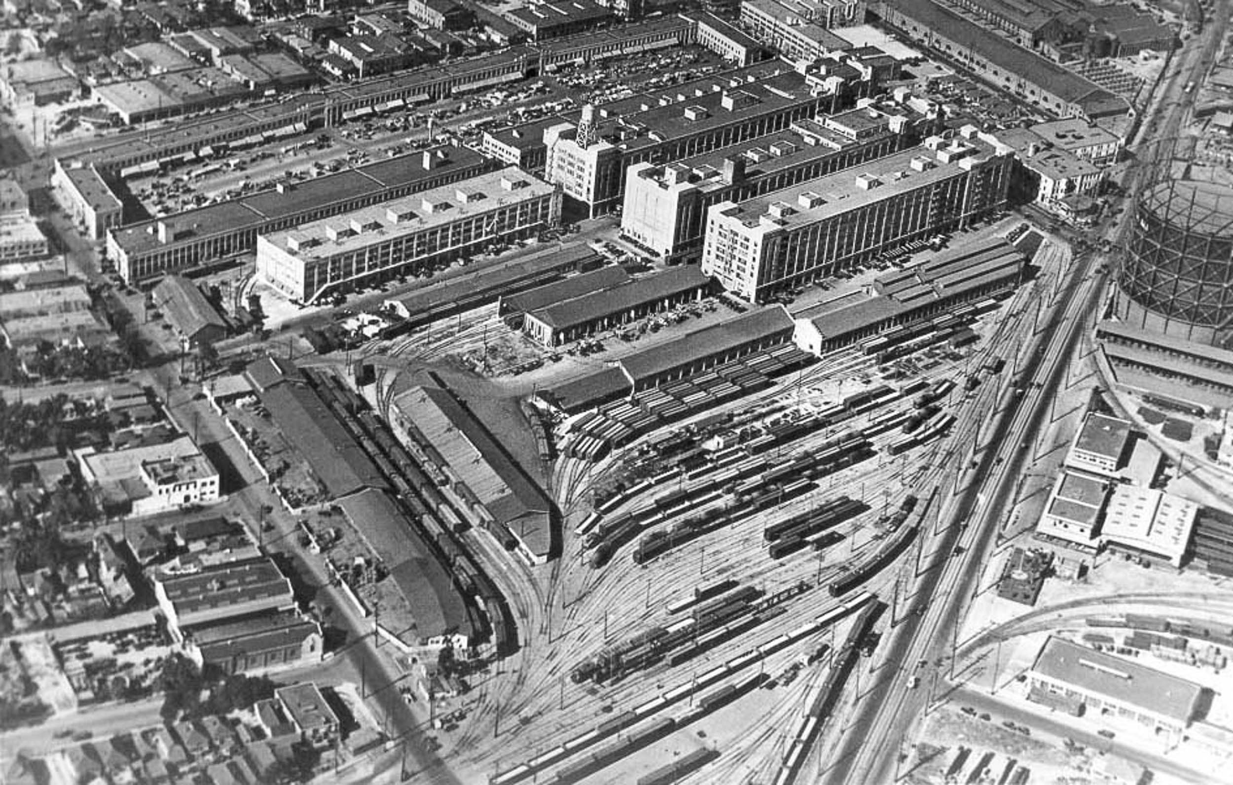 black and white aerial view of the original ROW DTLA project site