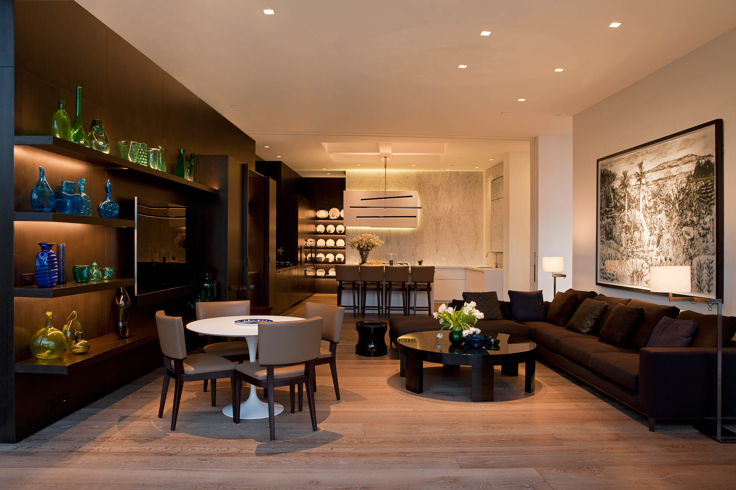 living room with bar area and shelves