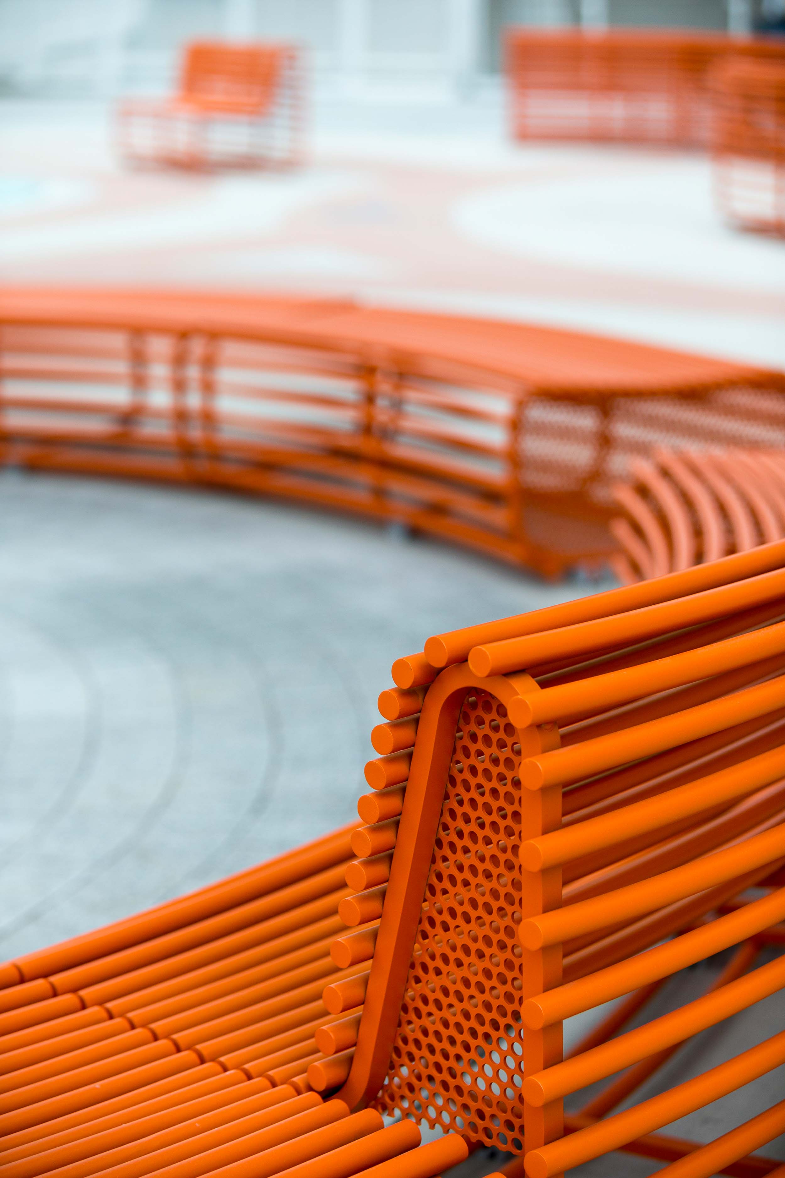 The orange RIO bench was designed by RIOS for Tysons Corner