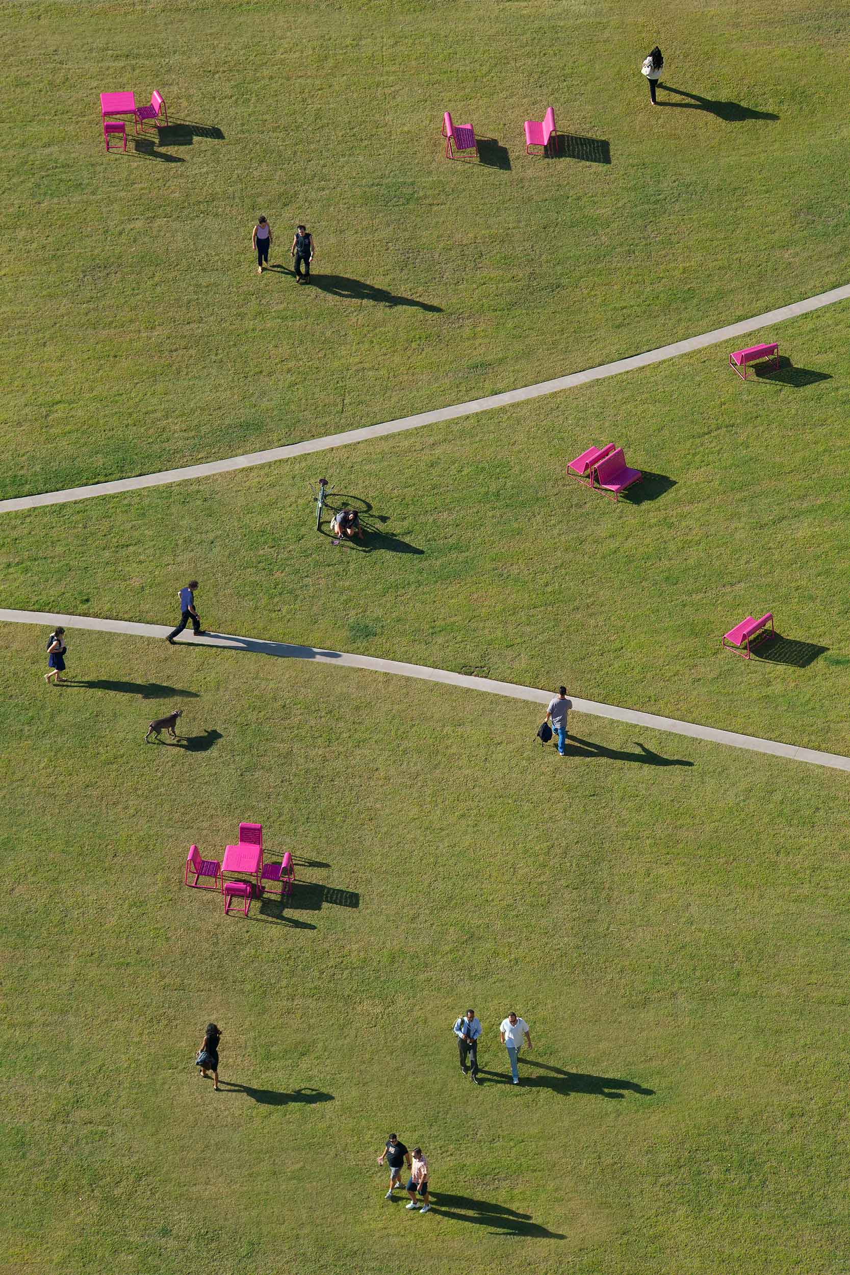 aerial view of grassy lawn with people and pink seating scattered throughout, with two curved paths running through the center