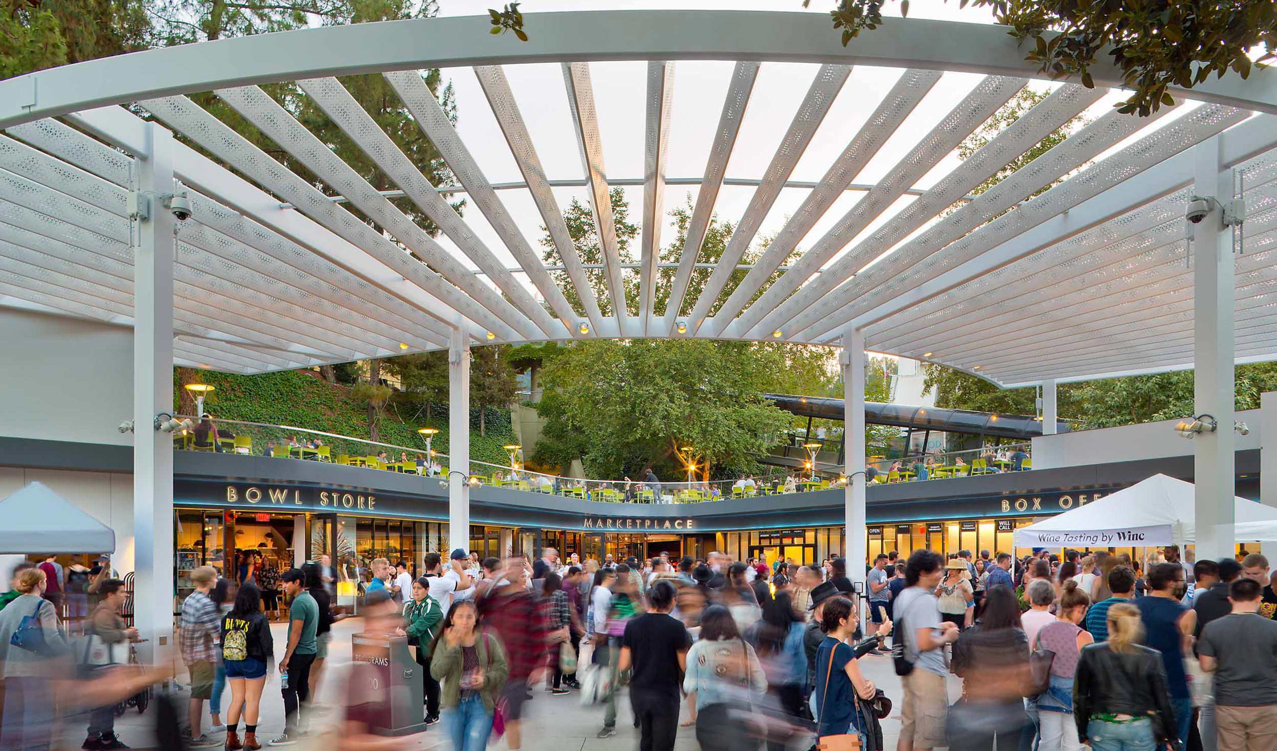 a white trellis covers Box Office Plaza at the Hollywood Bowl