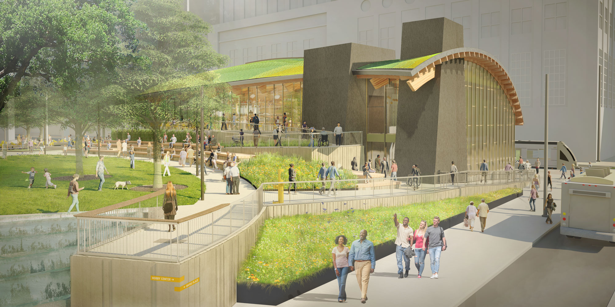 Street view with people walking through the pathways and children playing in the grass