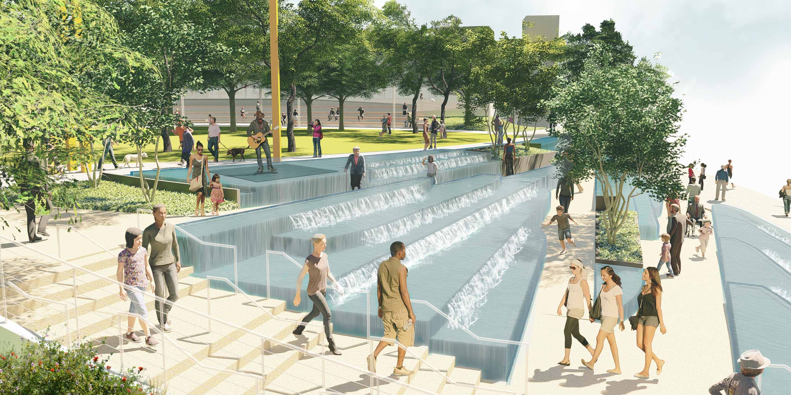 people walking down stairs next to a tiered fountain
