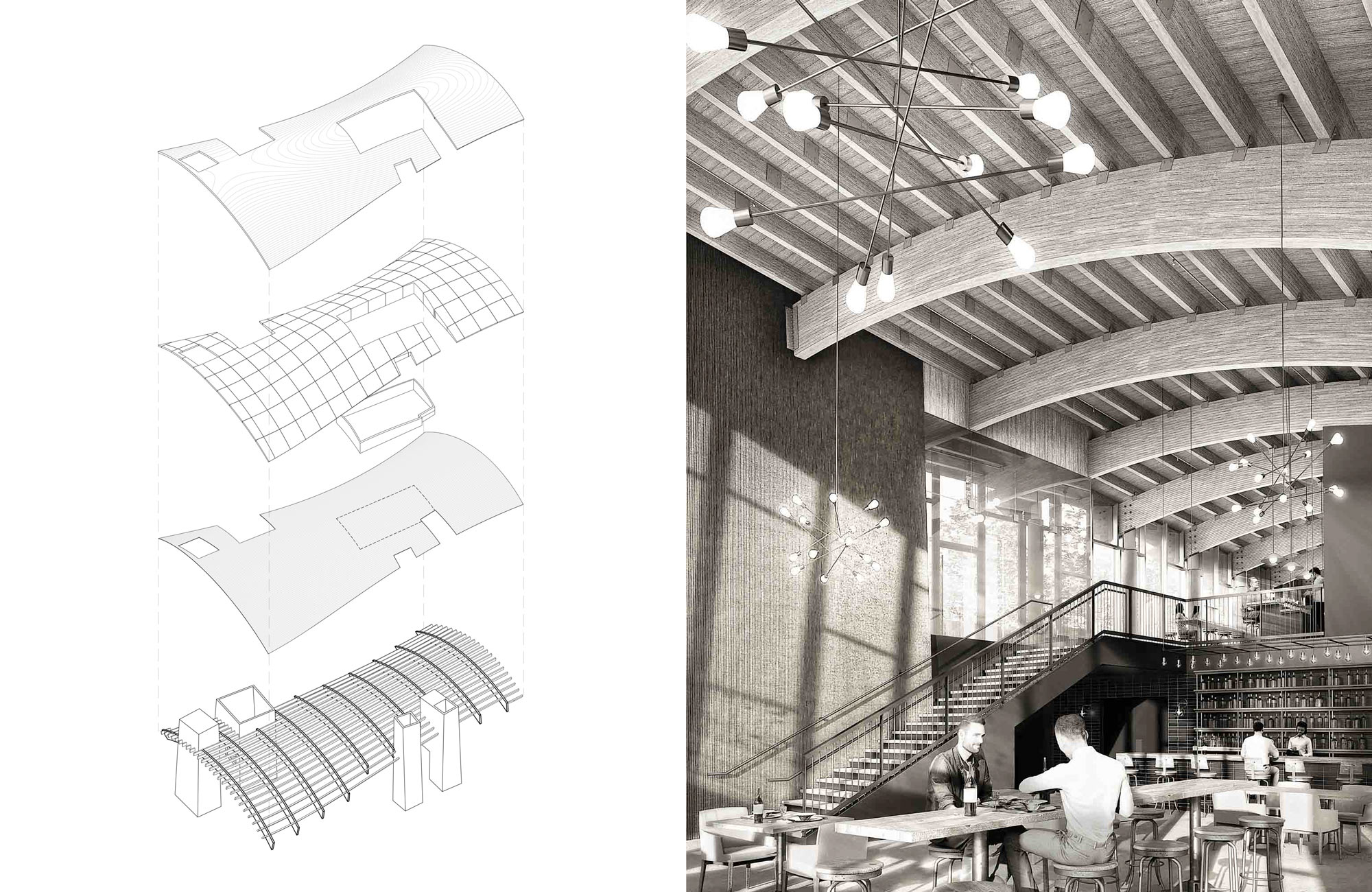 Wyatt Square restaurant design showing the detailed layering of the restaurant's roof