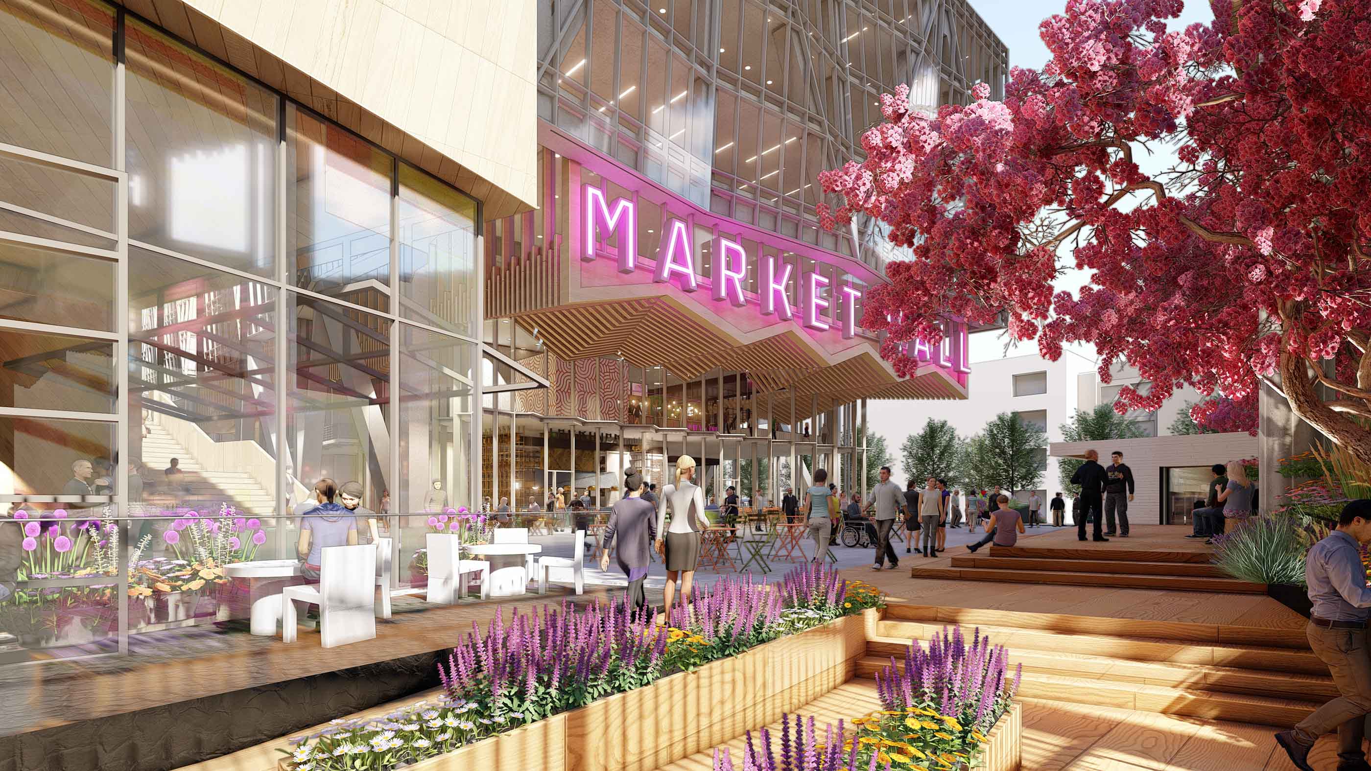 market exterior entrance with pink sign, trees, and plants