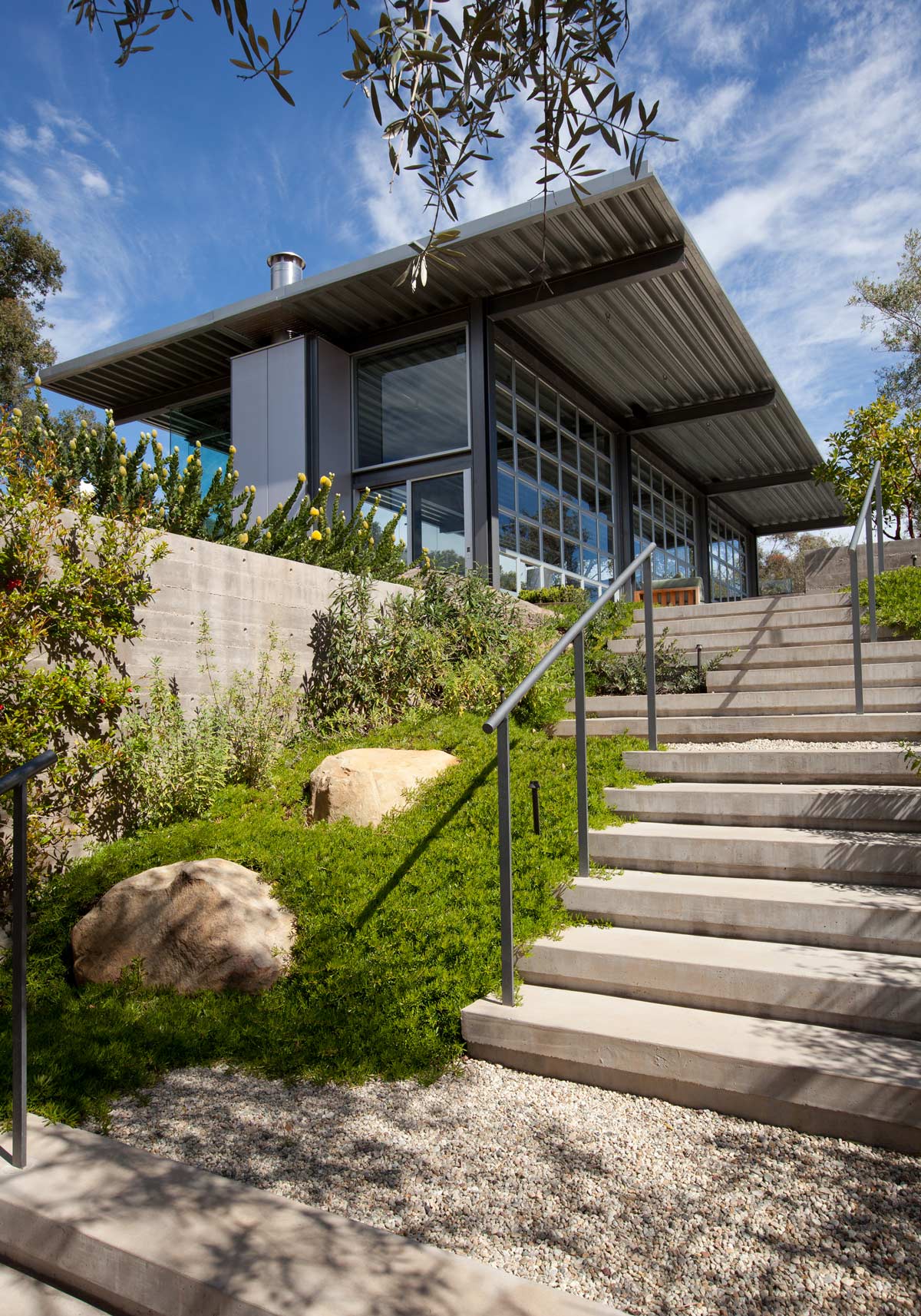 loking up stiarway with plants toward house