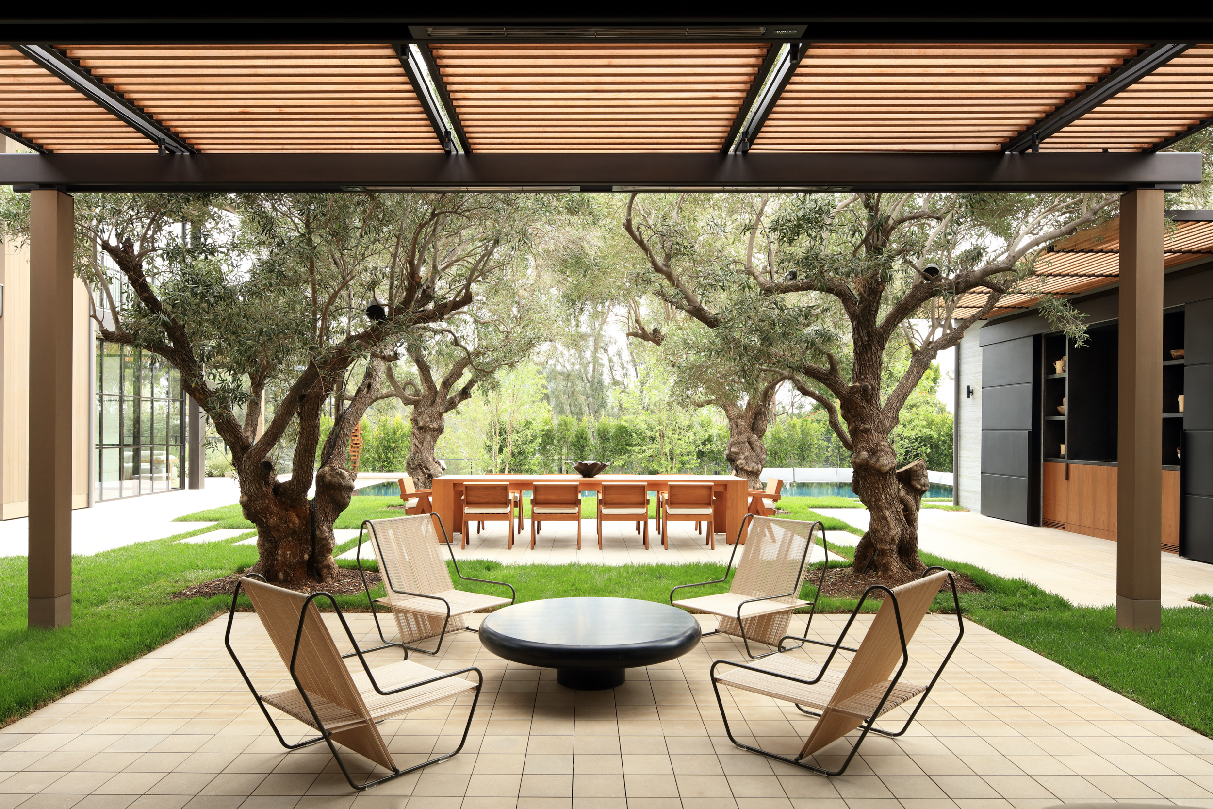 lounge area under canopy with olive trees