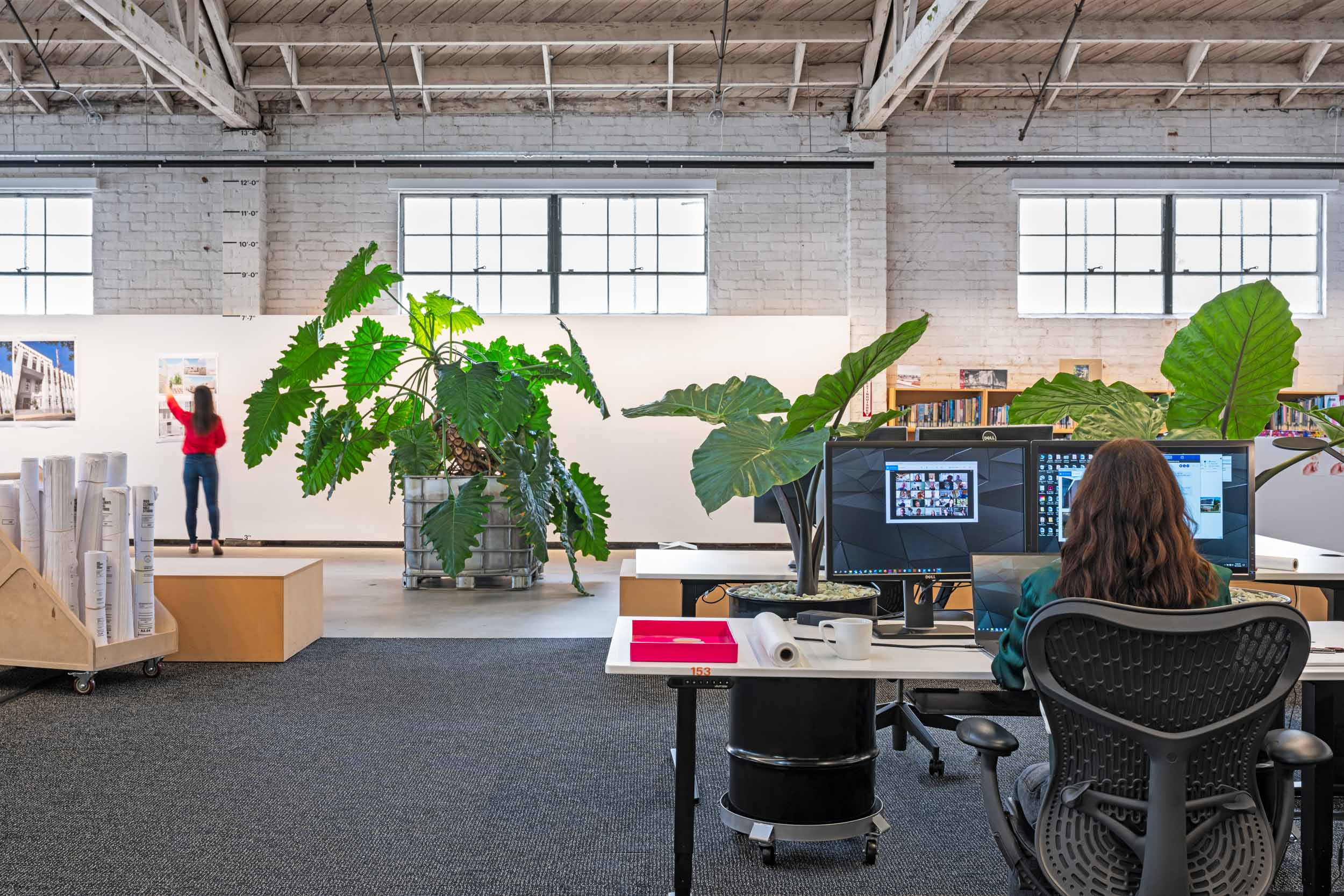 Woman sitting at desk with plants