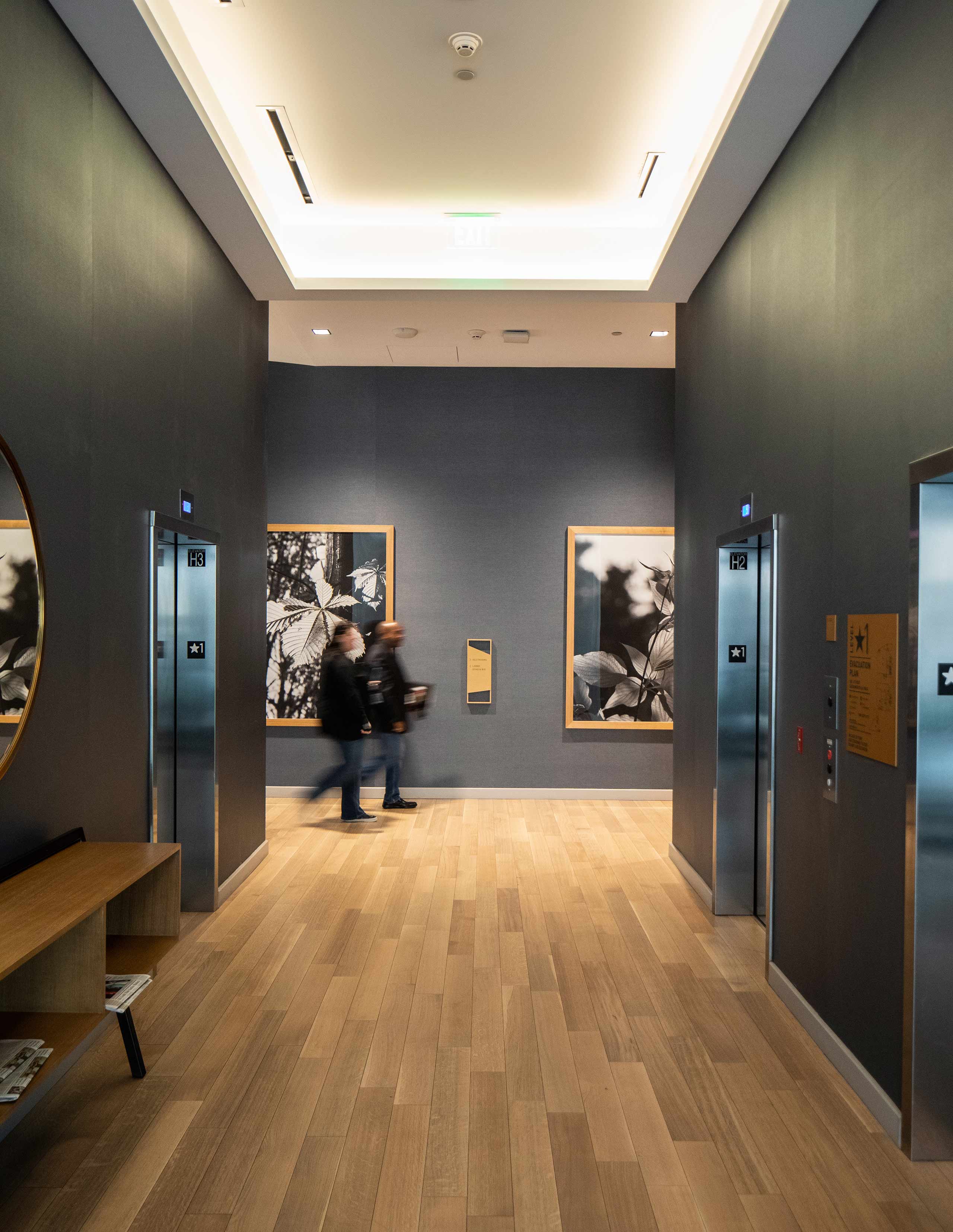 hotel hallway with elevators and framed artwork