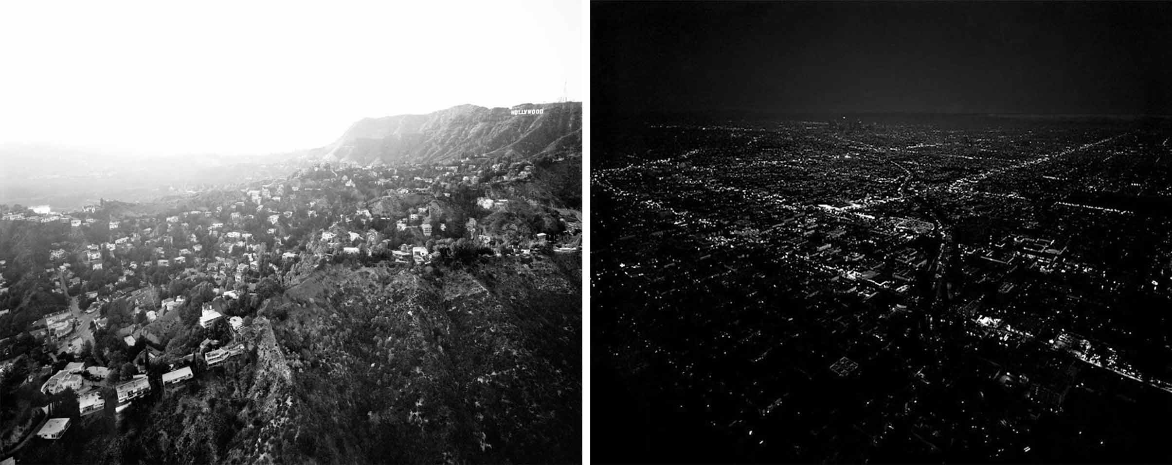 Left: “Hollywood Hills From Griffith Park, Beachwood Drive and Hollywood Reservoir at Left, CA. Michael Light”. 2004. Right: “Untitled/Downtown Dusk”, Michael Light. 2005.