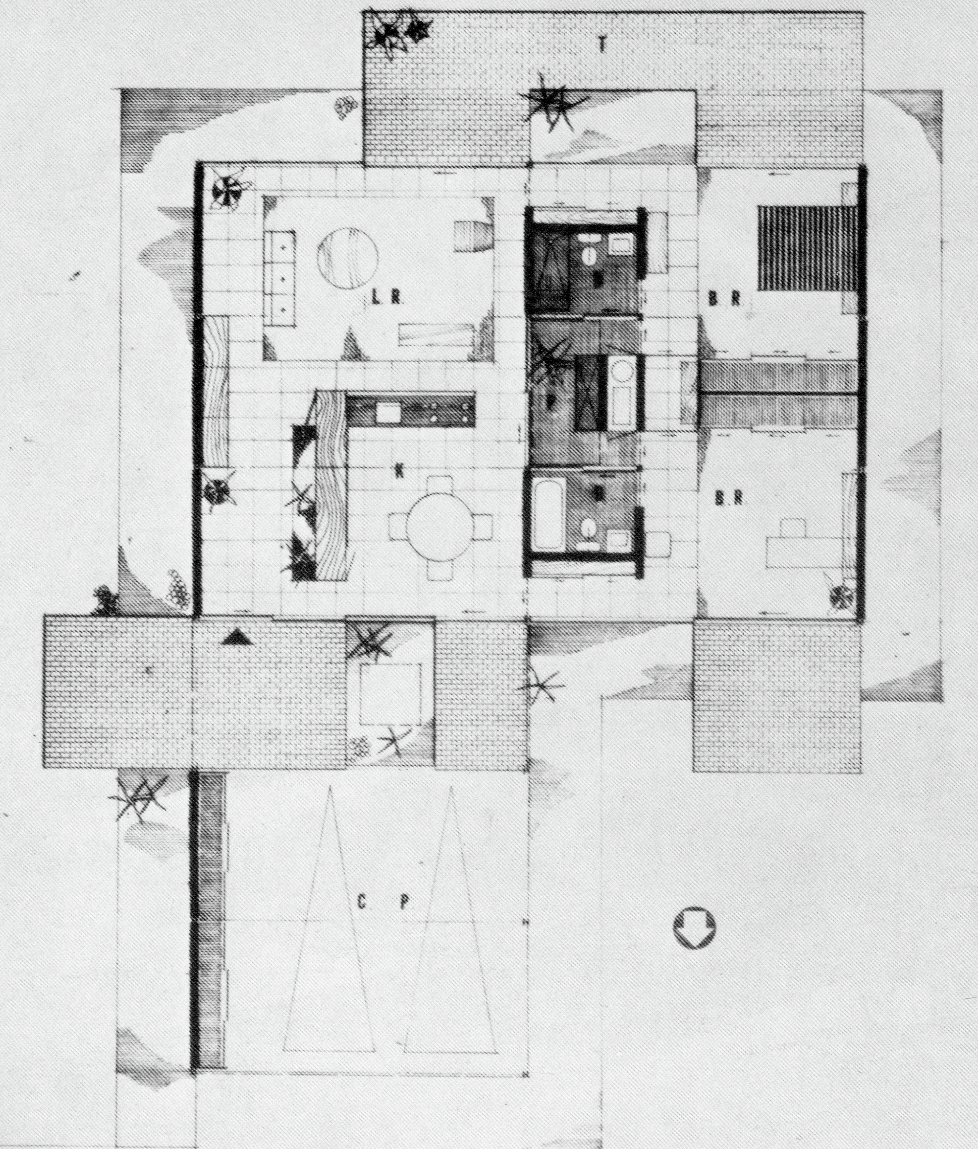 plan of Bailey House Plan, Case Study House No. 1, Pierre Koenig. 1958