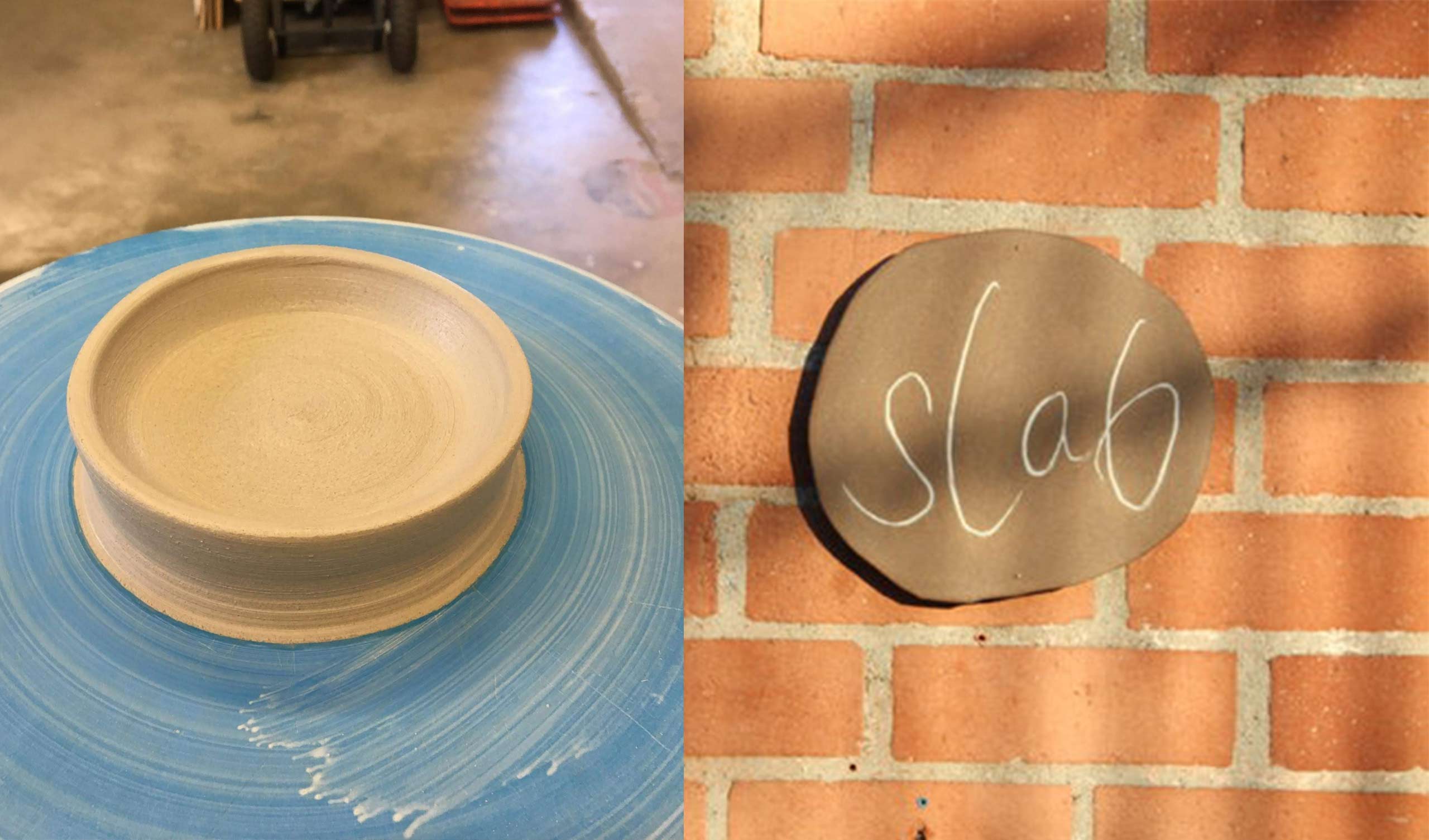 Clay on a pottery wheel and clay circle mounted to a brick wall