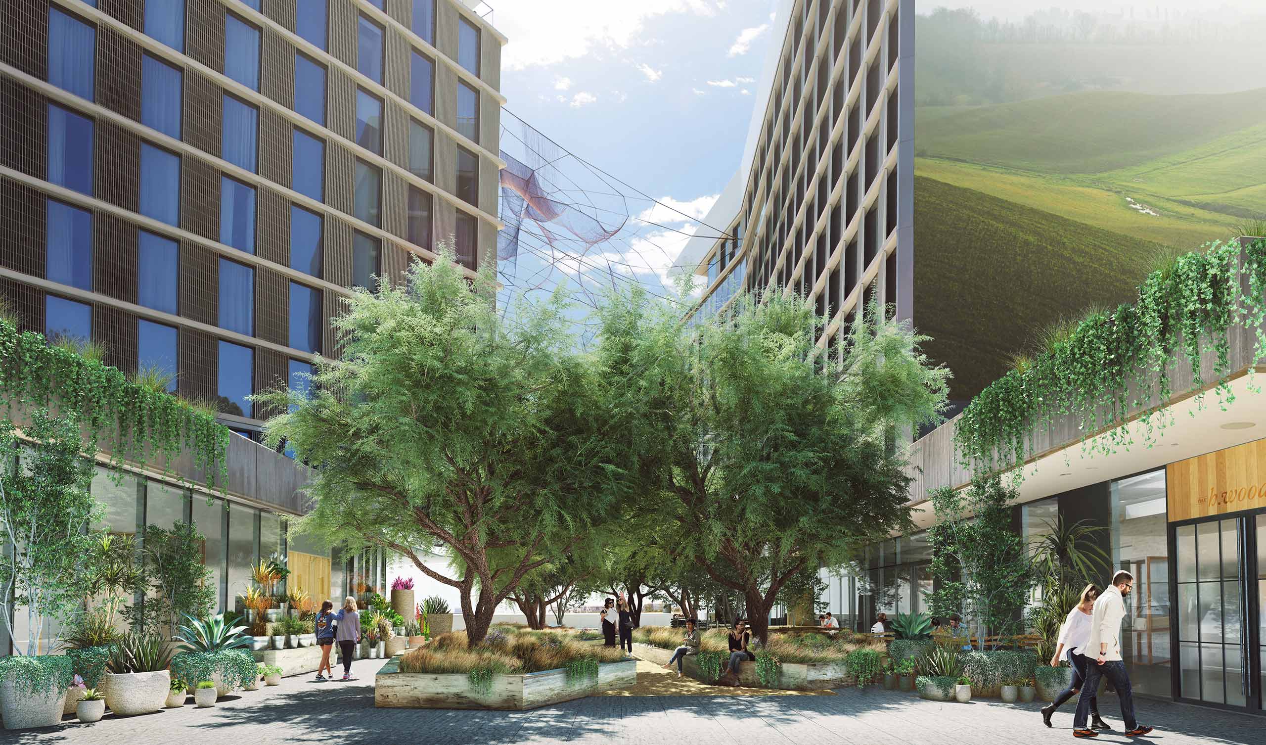 1 Hotel Design concept Courtyard filled with trees and people