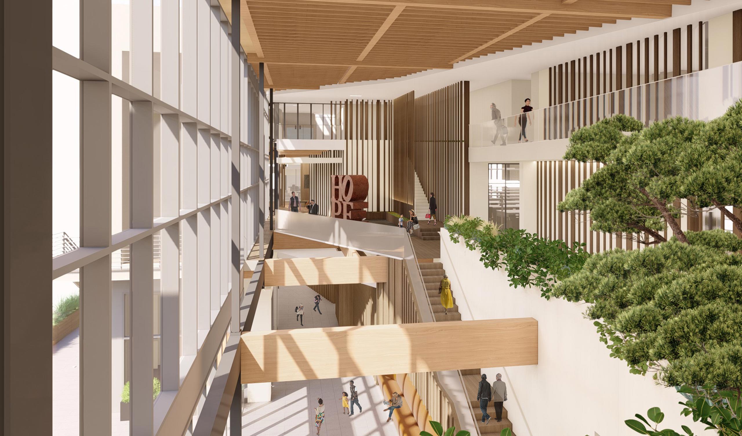 Atrium interior with white walls, wood accents, and plants trailing the wall