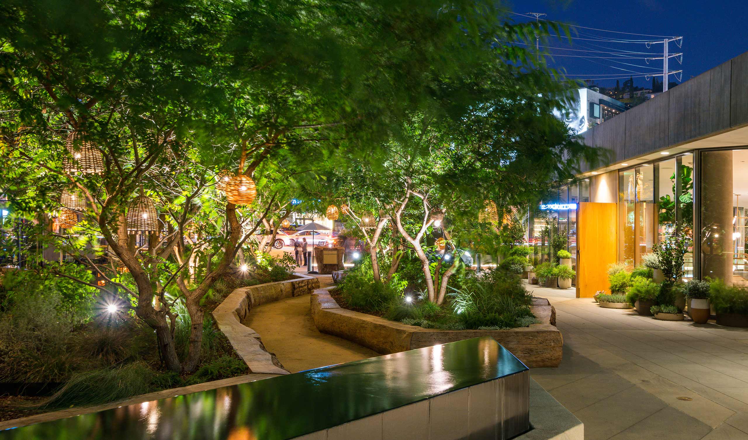 walkway through trees at night with woven wood lanterns