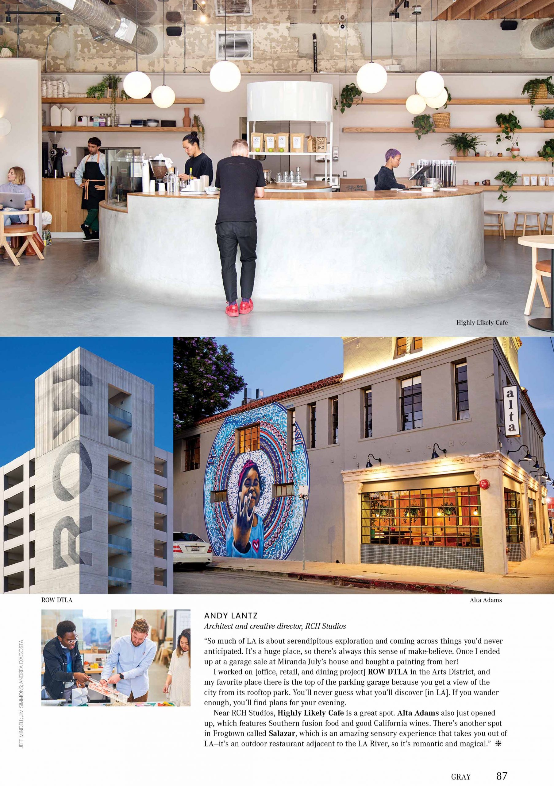 Gray Magazine page with exterior and interior photos of Andy's favorite places in LA