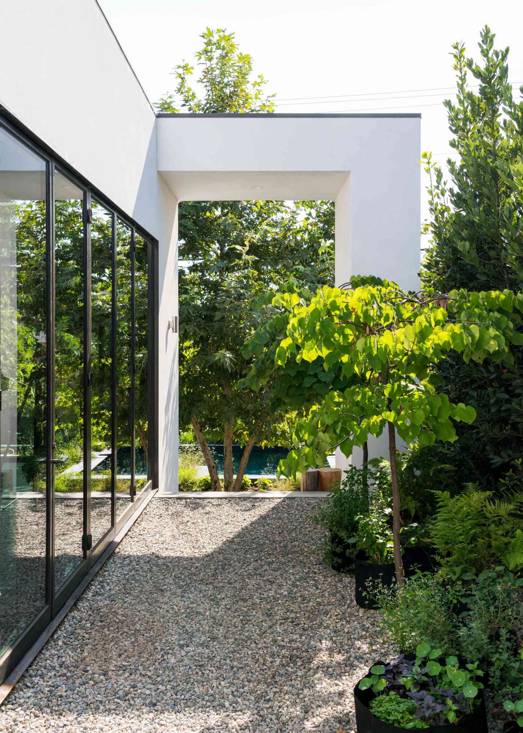 pebble pathway with white architecture and tree