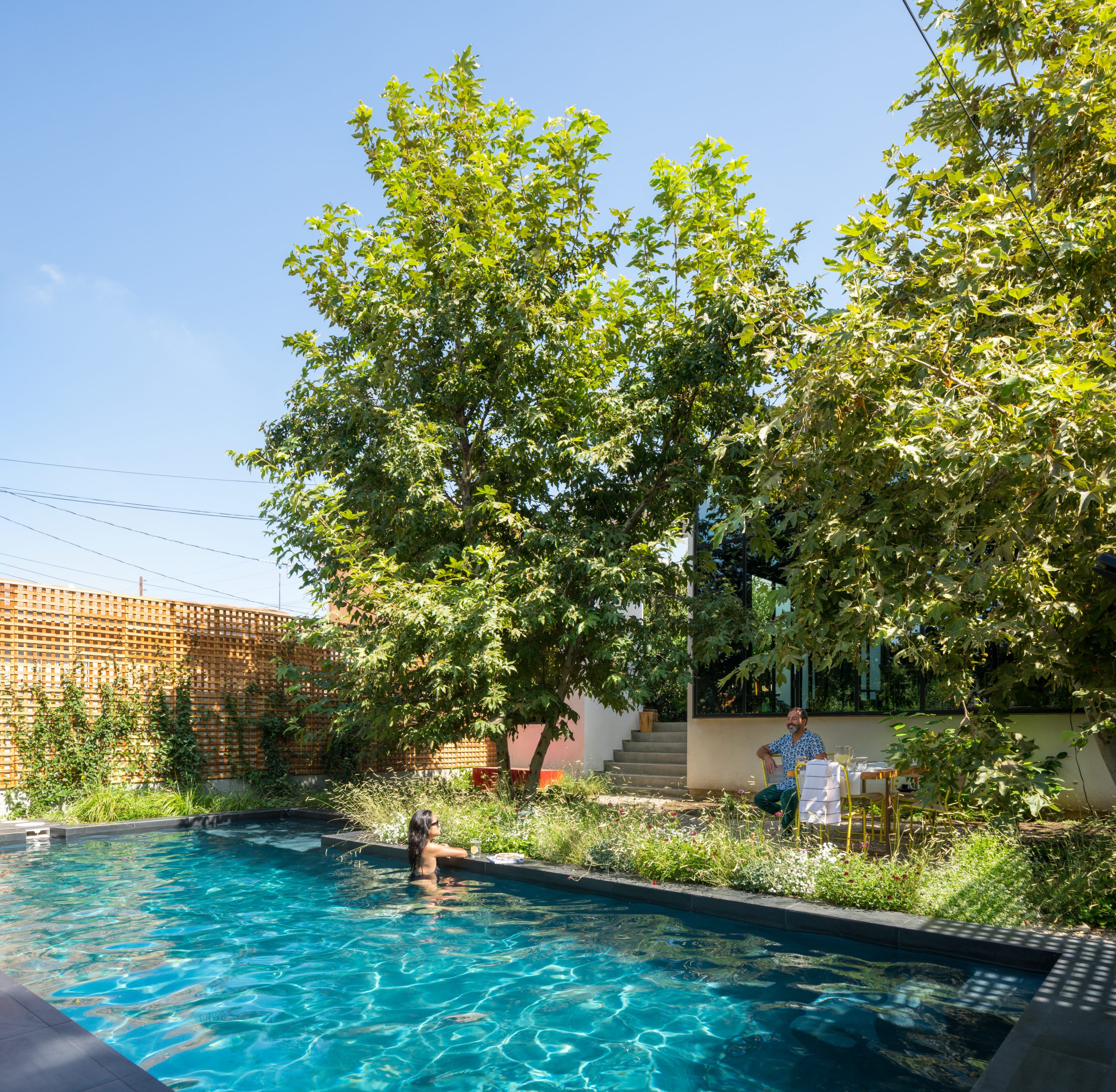 woman in swimming pool with large trees