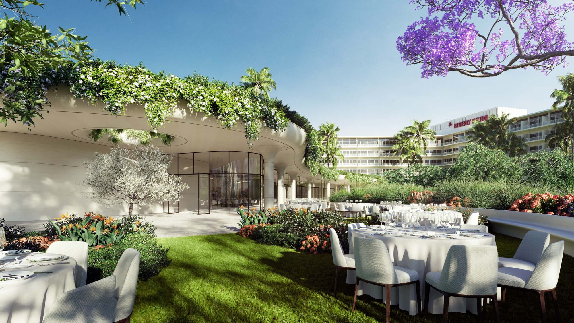 One Beverly Hills conference center outdoor reception area set for an event