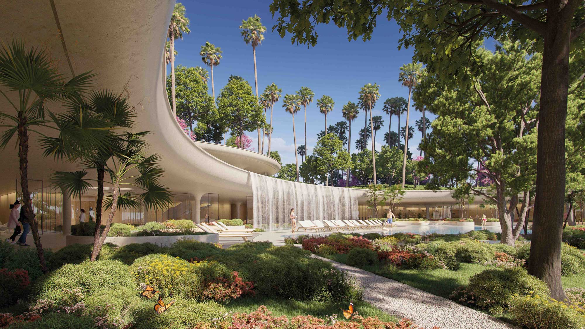 One Beverly Hills residential private pool with waterfall in the background