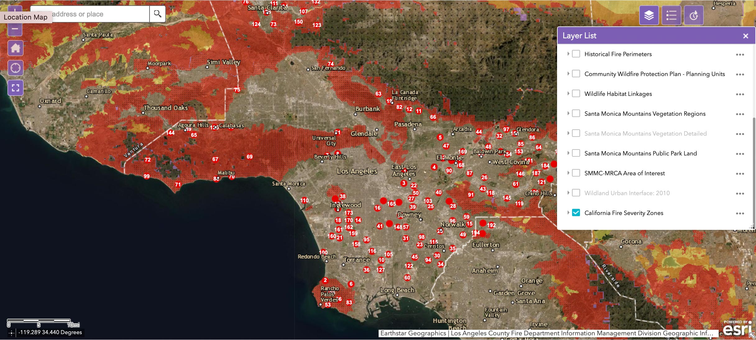 GIS map showing Los Angeles County Fire Stations and California Fire Severity Zones