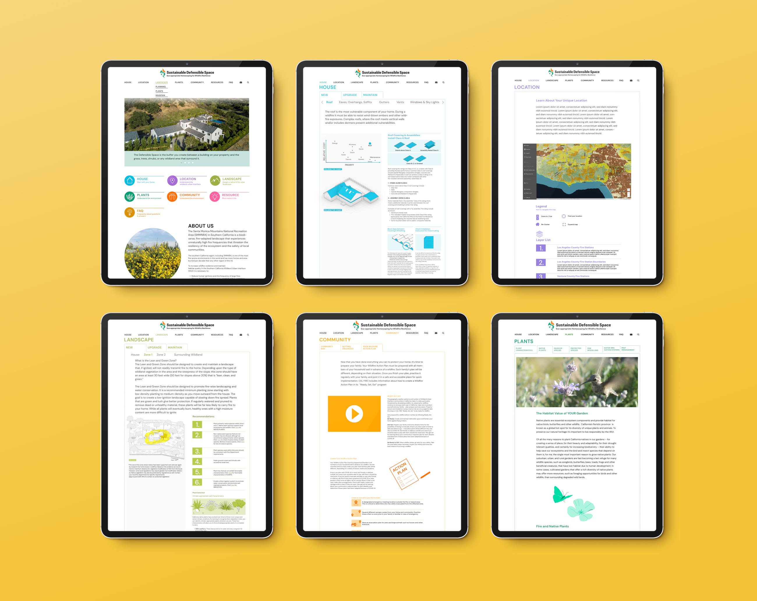 6 iPads showing different webpages from the Sustainable Defensible Space website