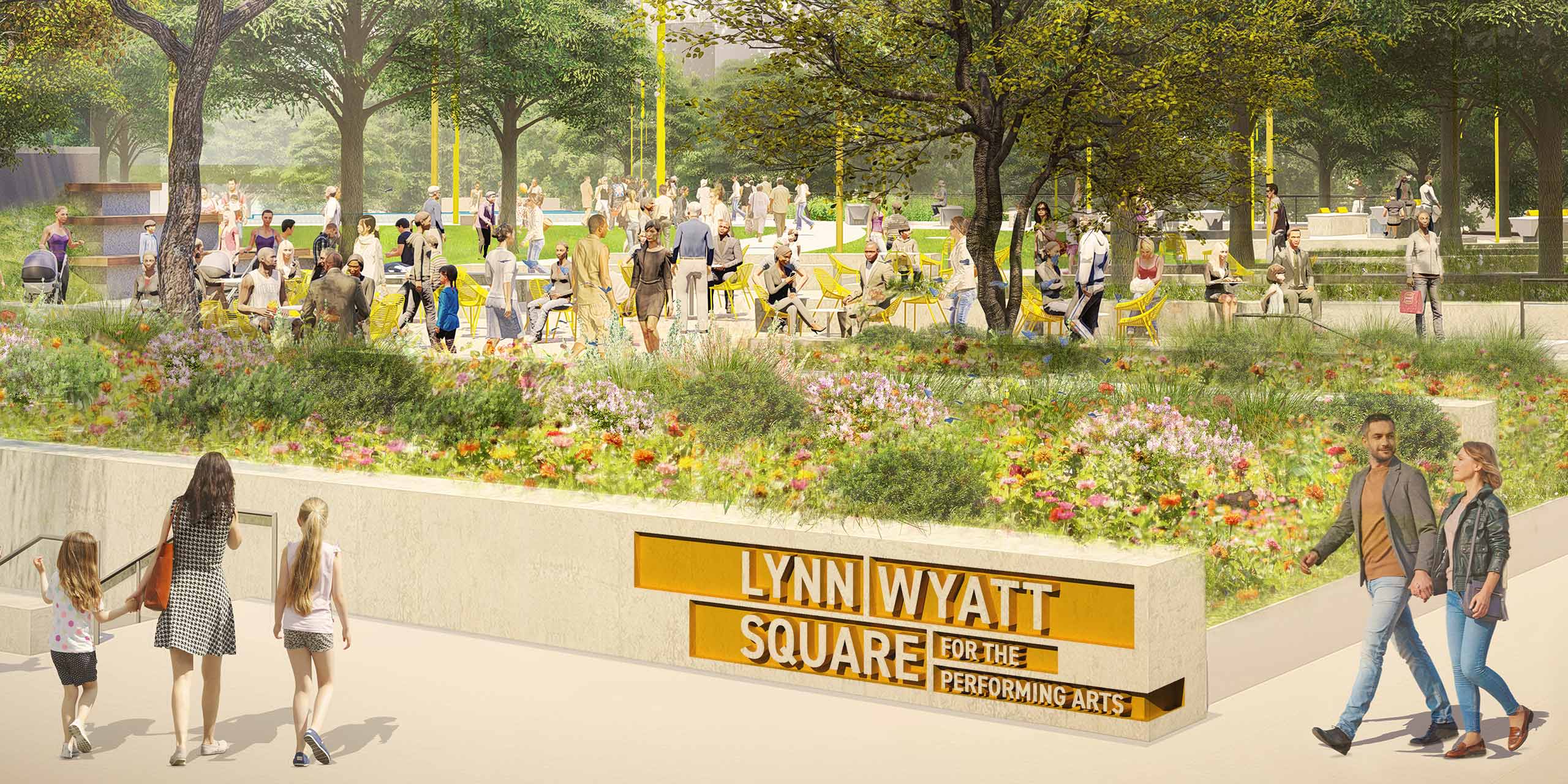 Entrance of Lynn Wyatt Square in park setting with signage