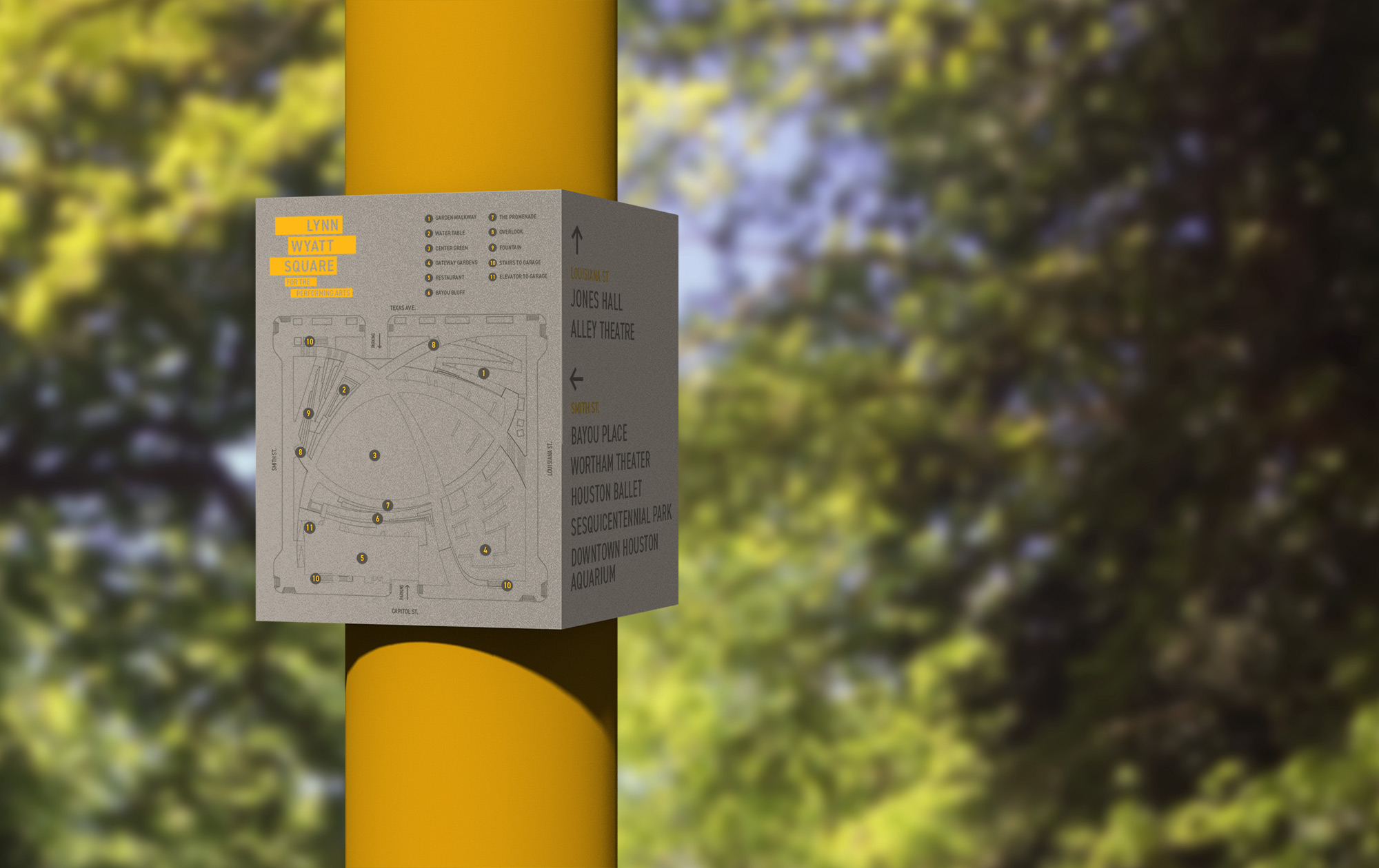 Lynn Wyatt Square detail of wayfinding signage