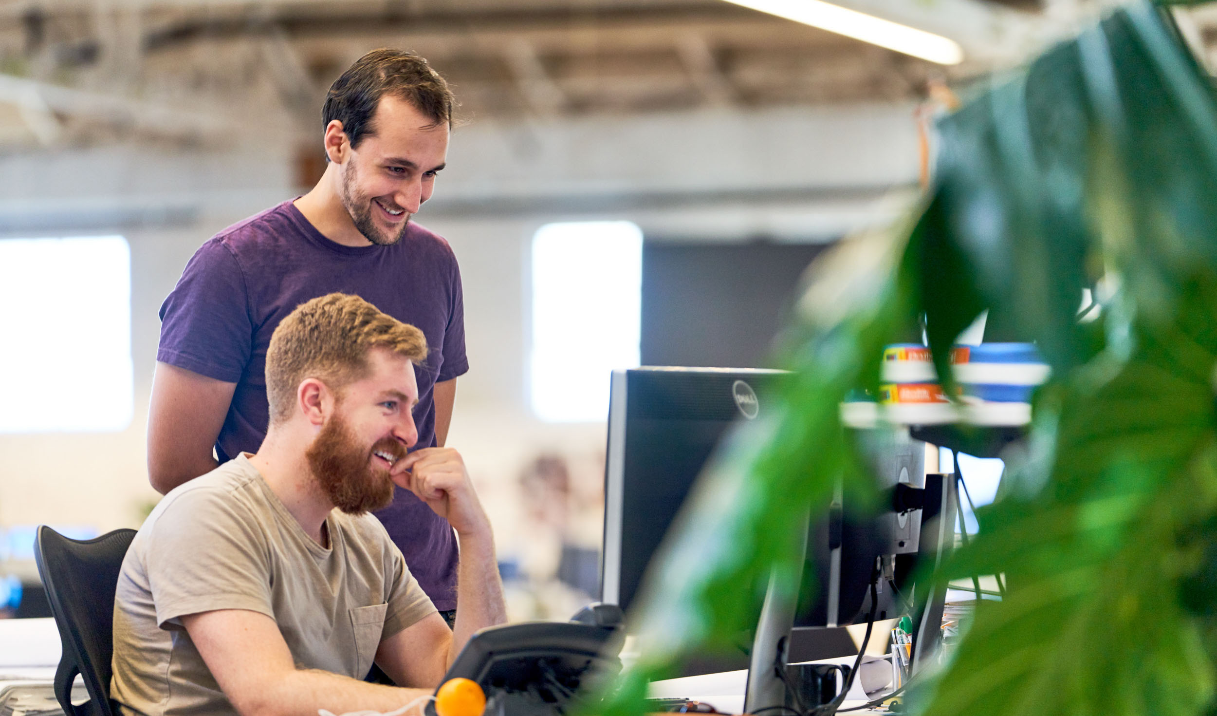 Two RIOS employees working at a computer together with plants in the foreground