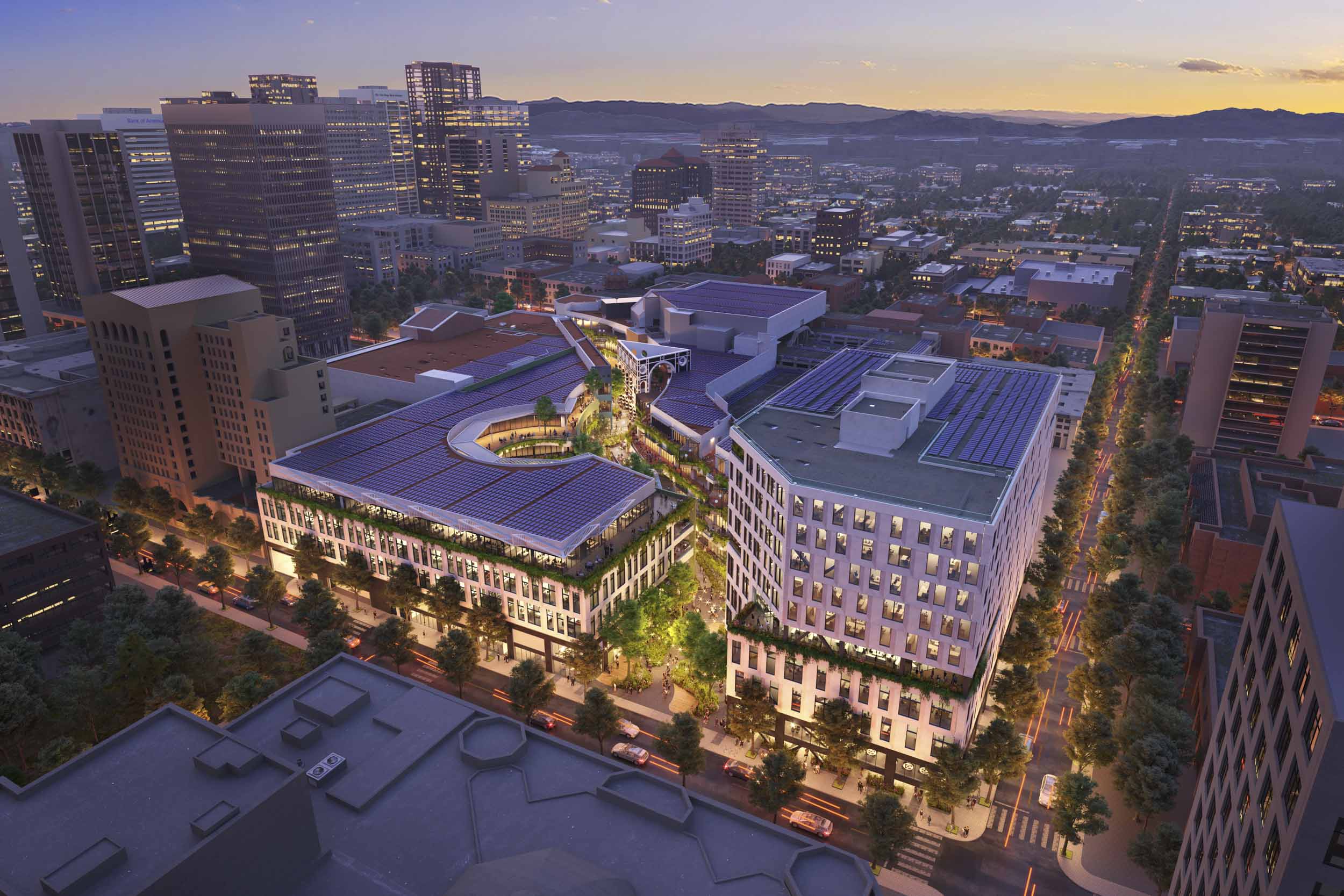 an aerial rendering of the buildings at Horton Plaza with the city of San Diego in the background
