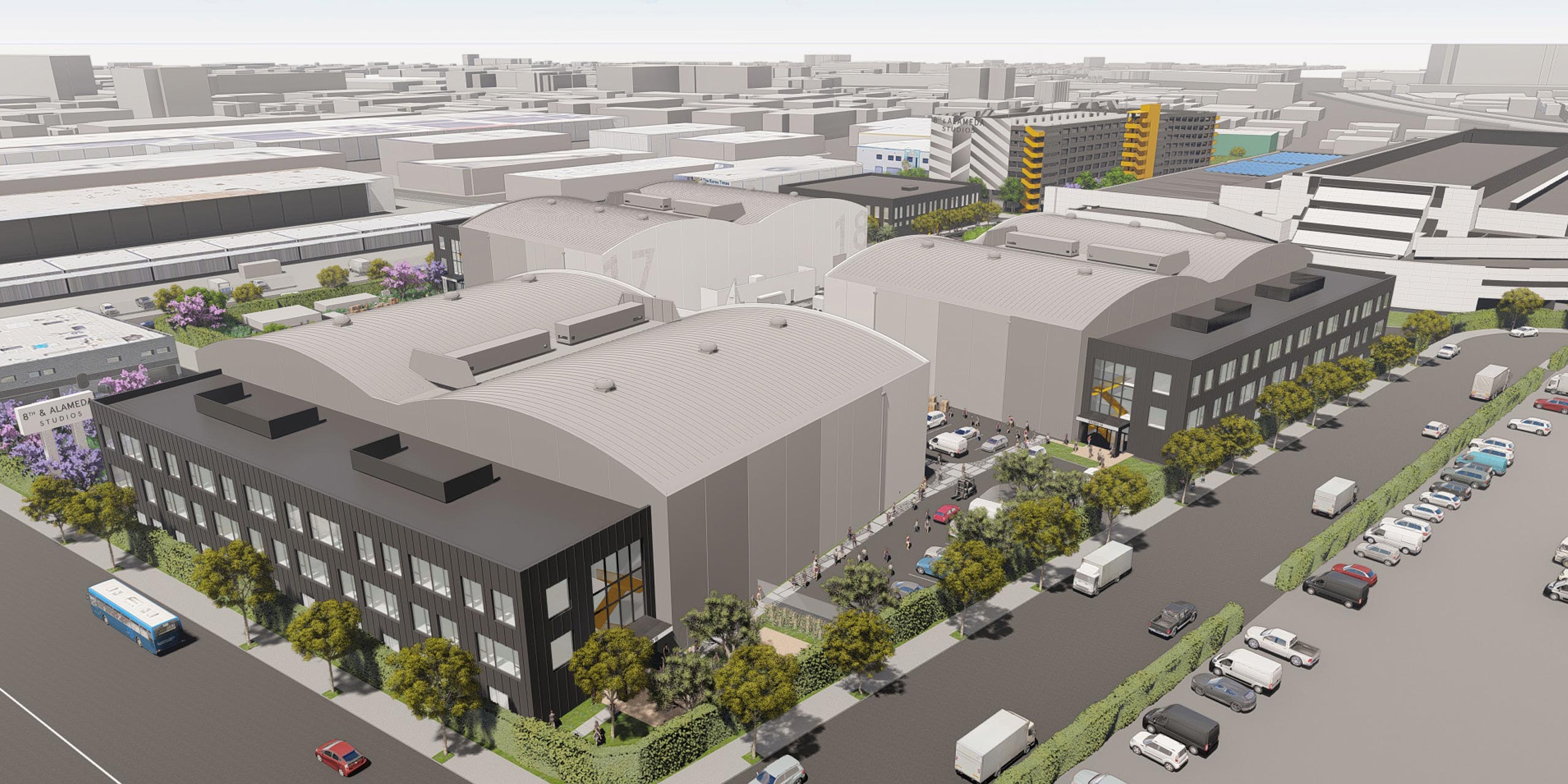 Aerial view of 8th & Alameda Creative Campus