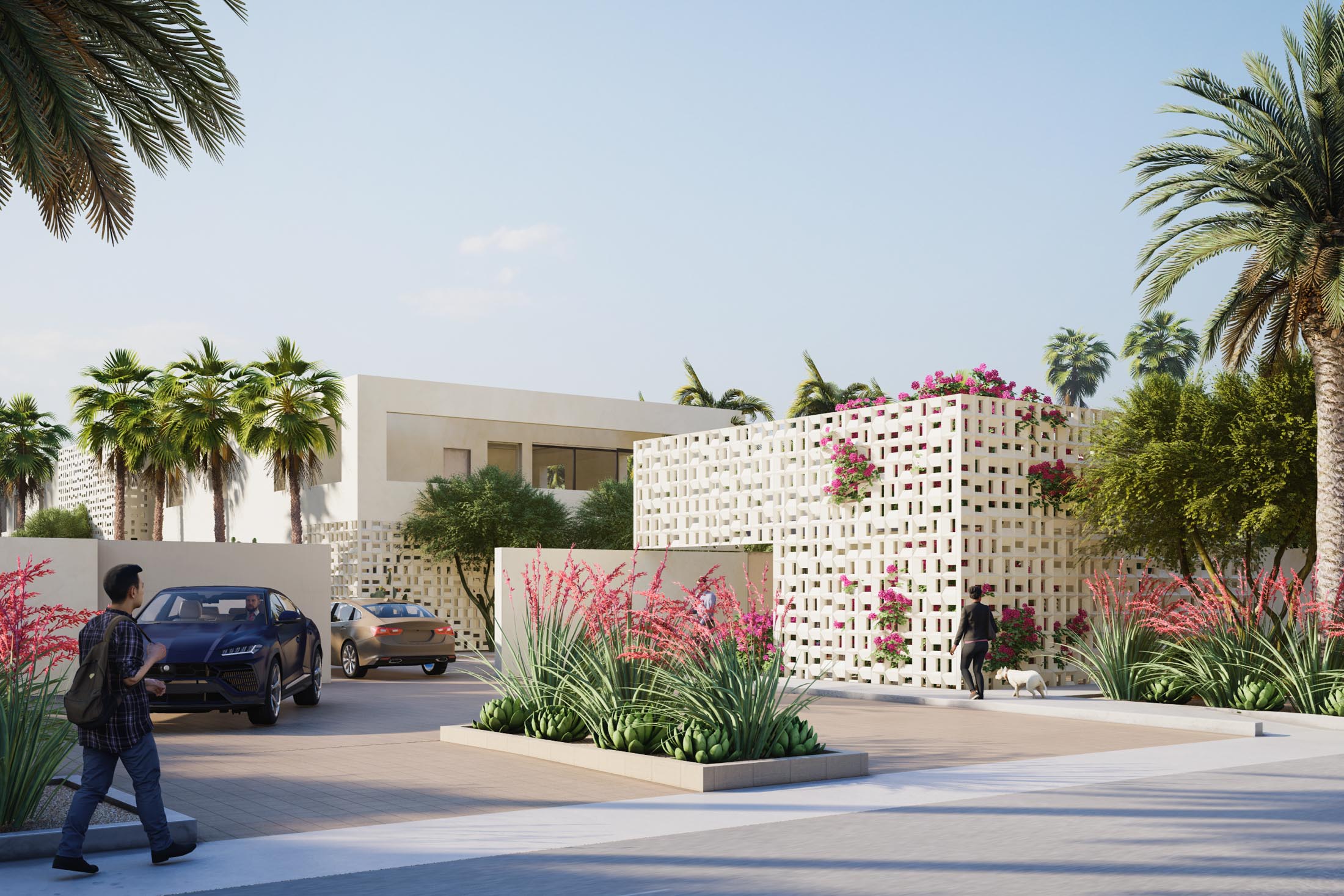 Rendering of the Palm Canyon residences with the Brise Blocks design providing privacy at the front entrance