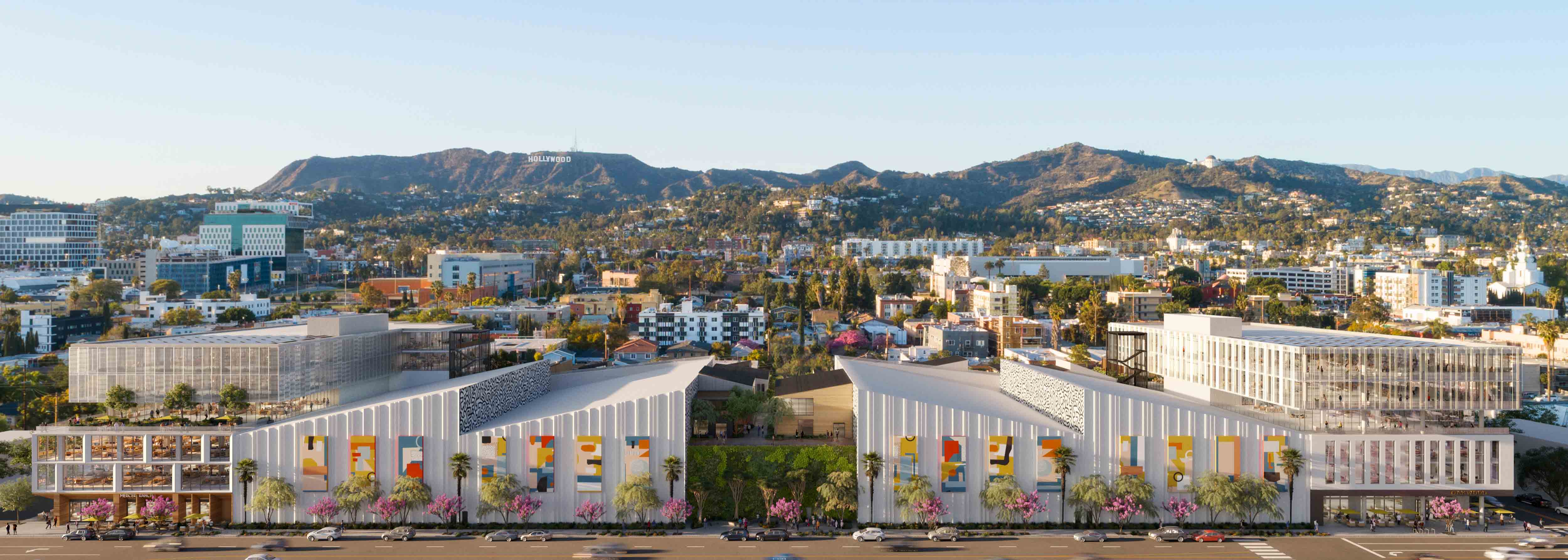 Wide view of Echelon Studios with the Hollywood sign and hills in the backdrop