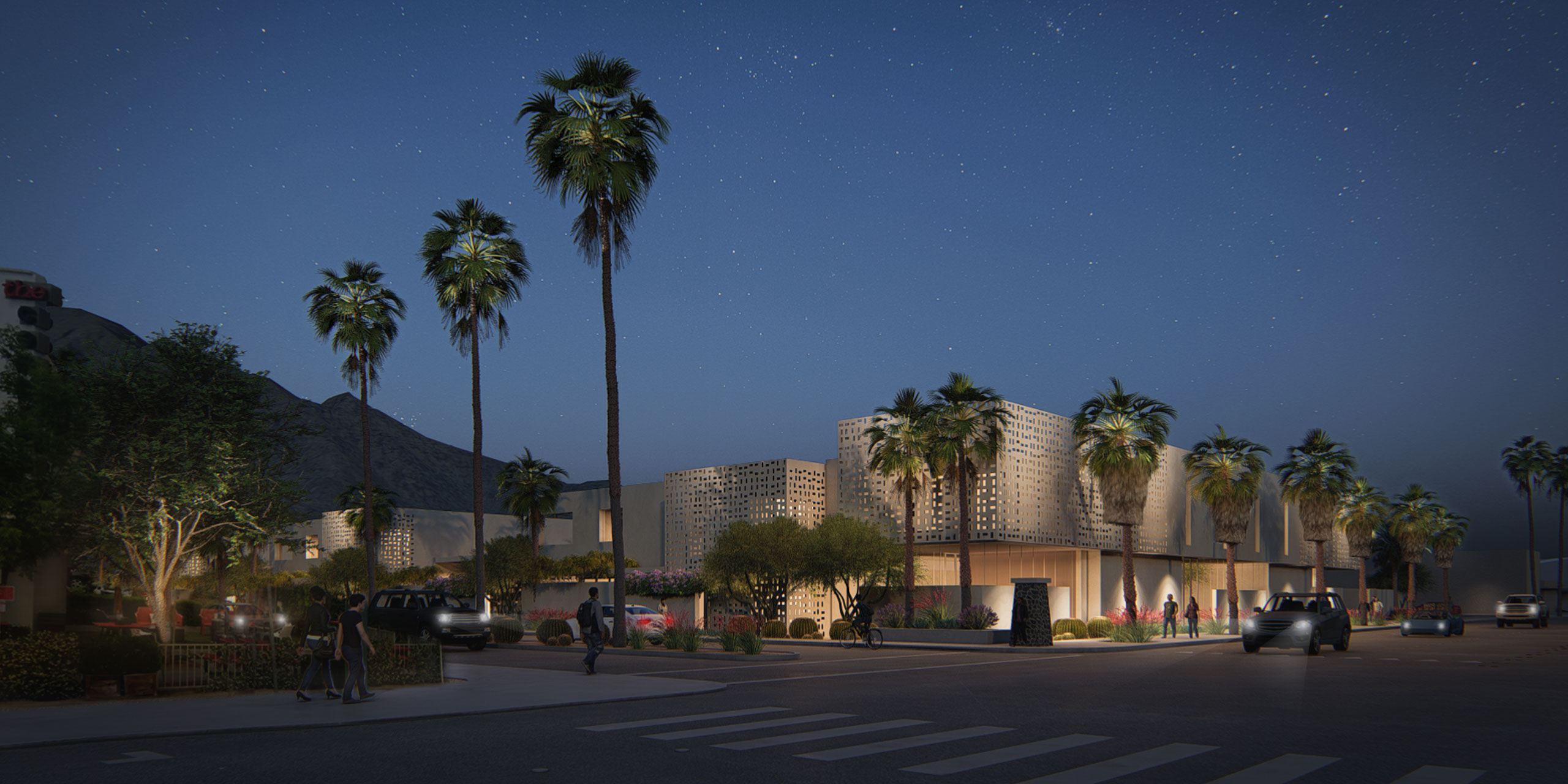 Rendering of Palm Canyon residences at night time showing the Brise Blocks at the entryway