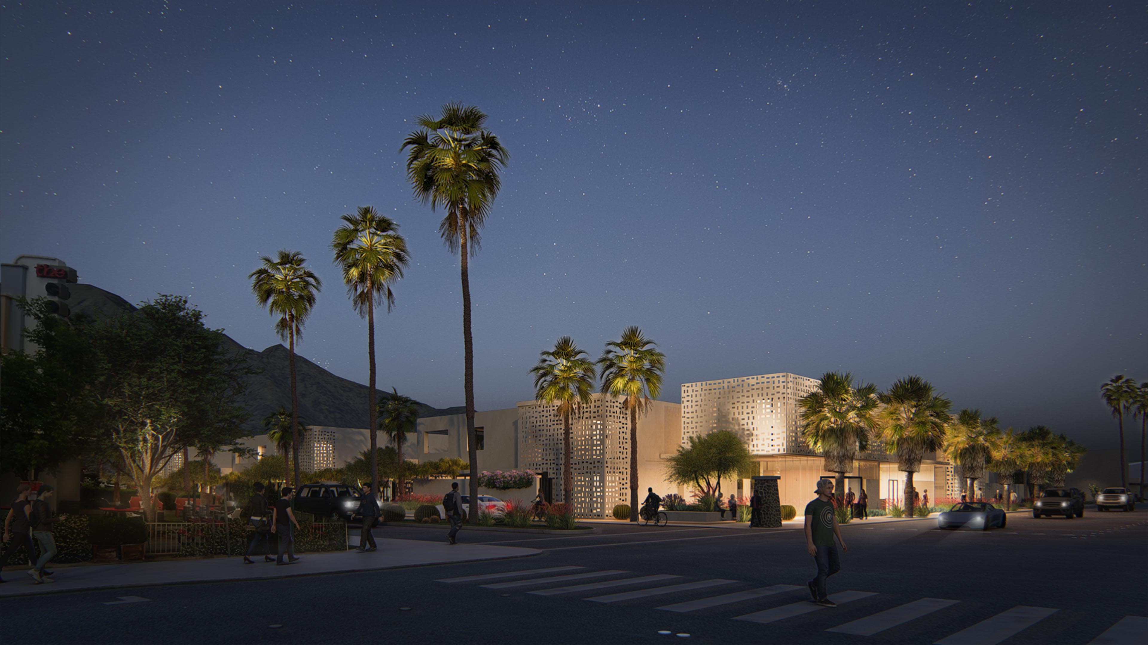 Nightime view of Palm Canyon with building lit up