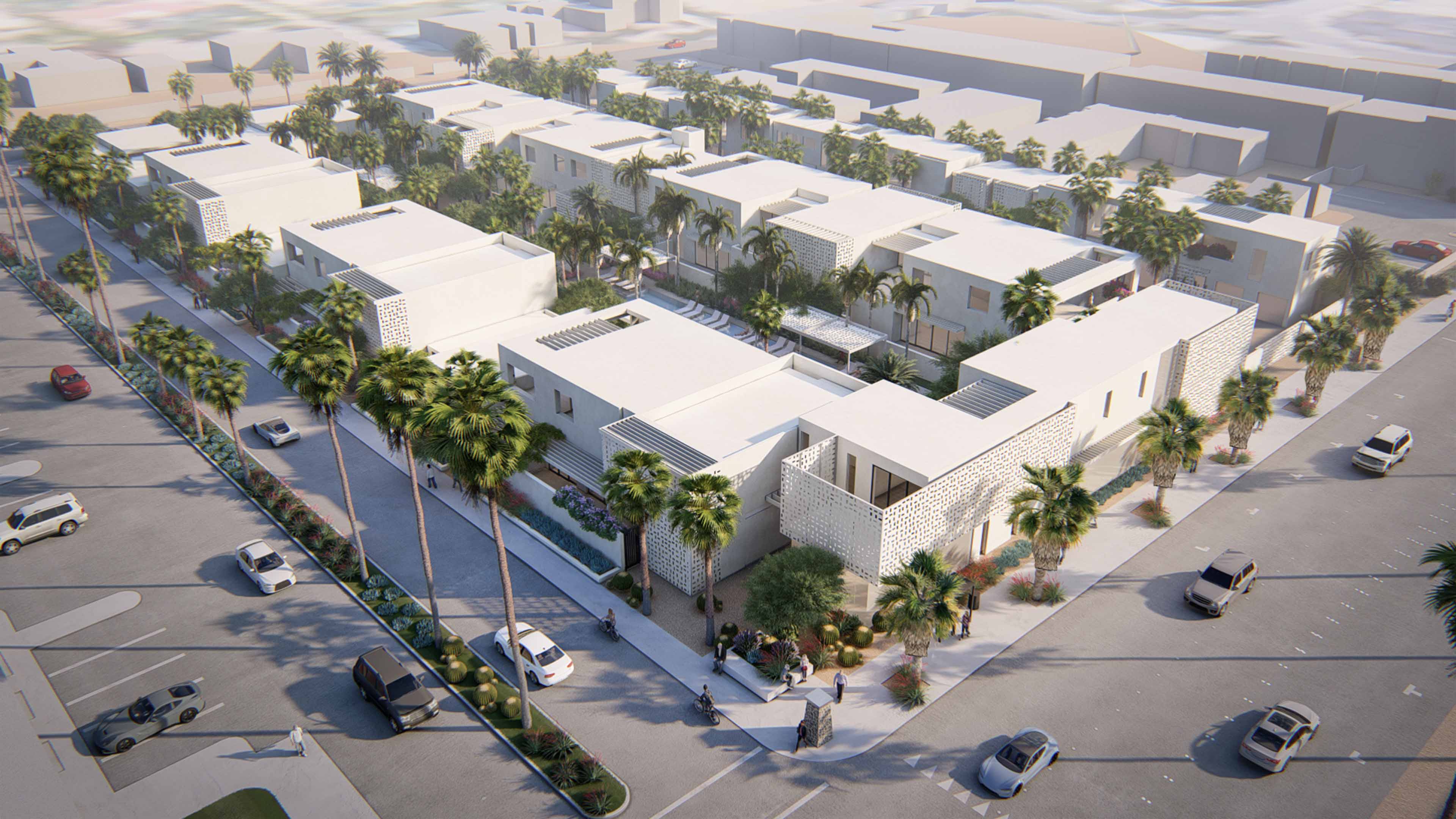 Aerial shot of the Palm Canyon buildings with palm trees