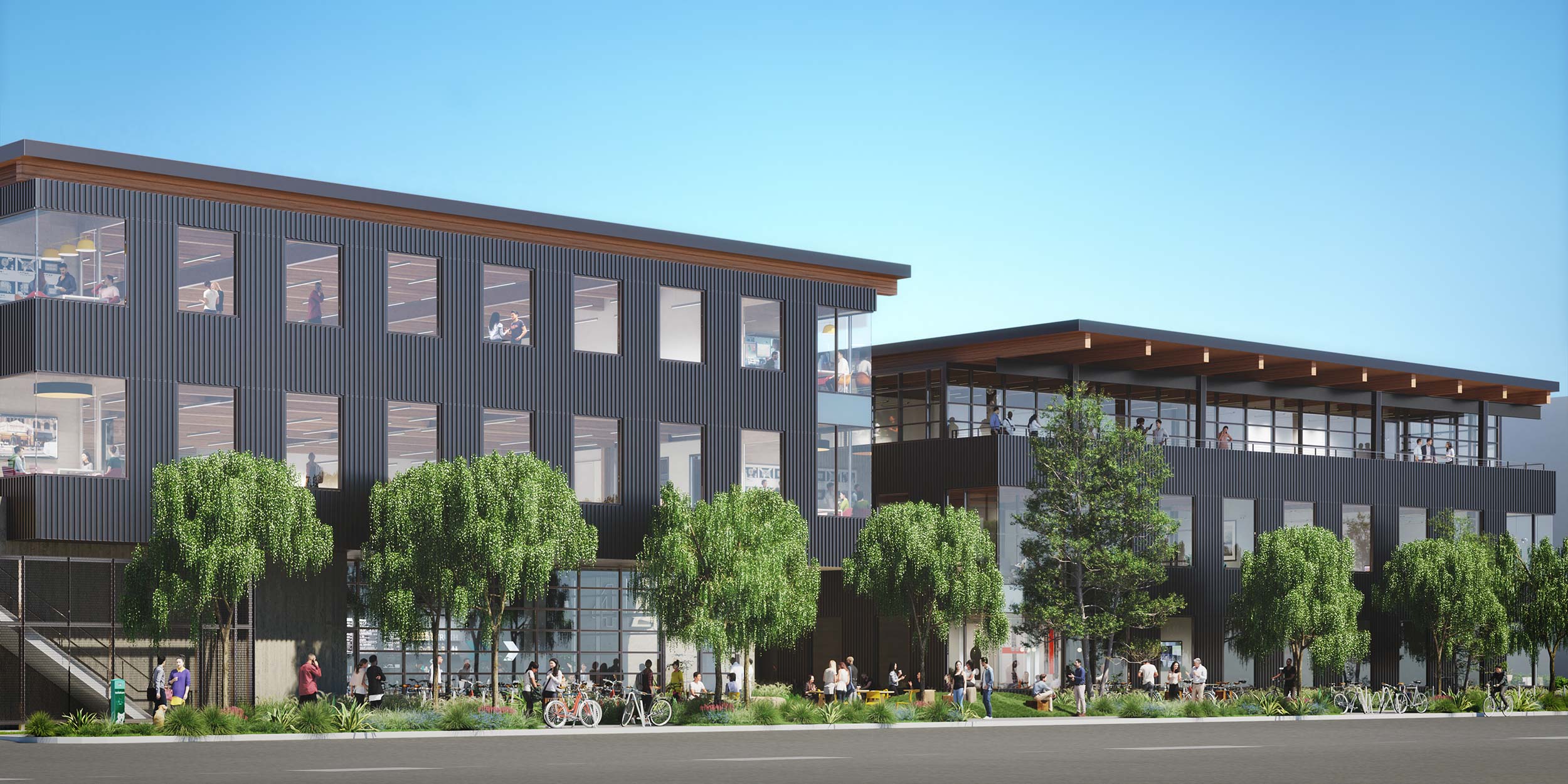Northwest street view of the 42XX building lined with people and trees