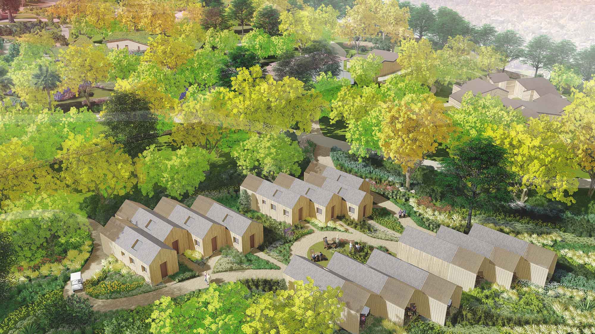 Aerial view of rows of houses called casitas