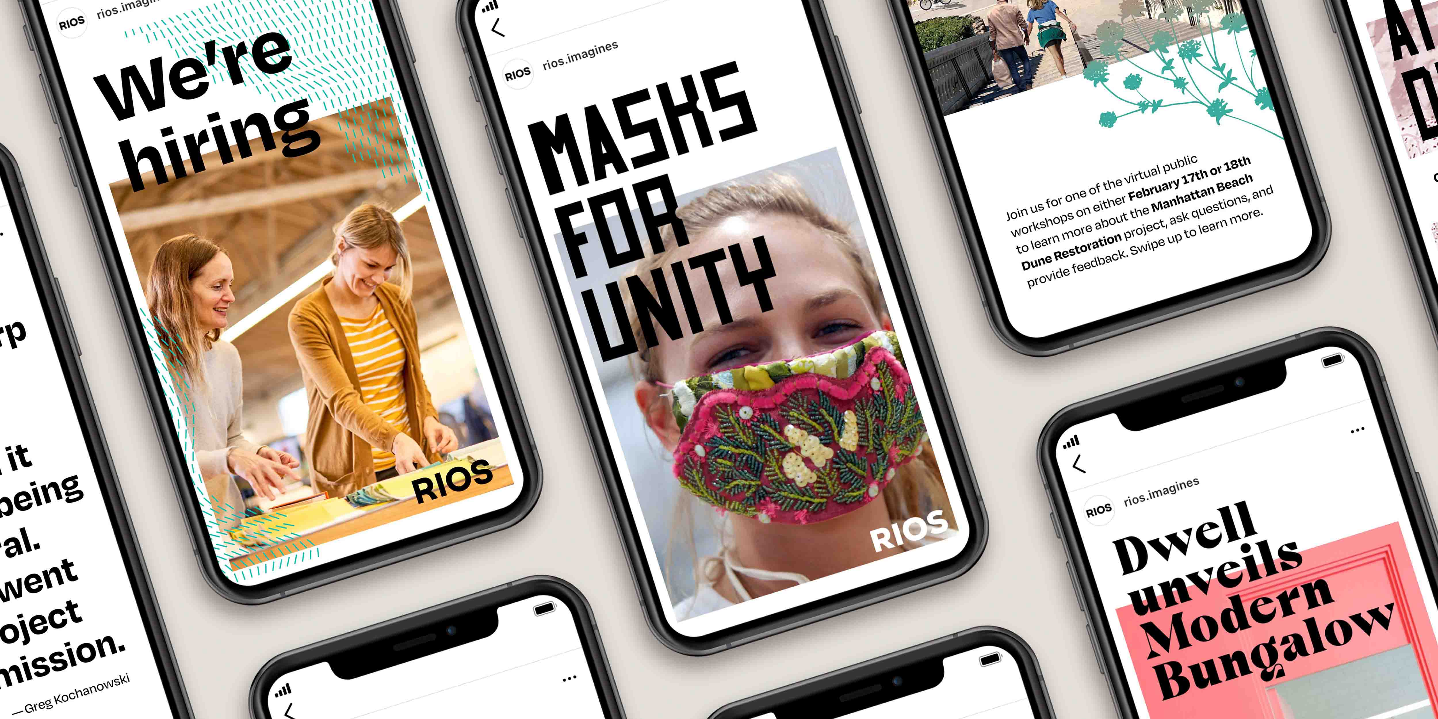 A mockup of Instagram Stories with the RIOS brand identity