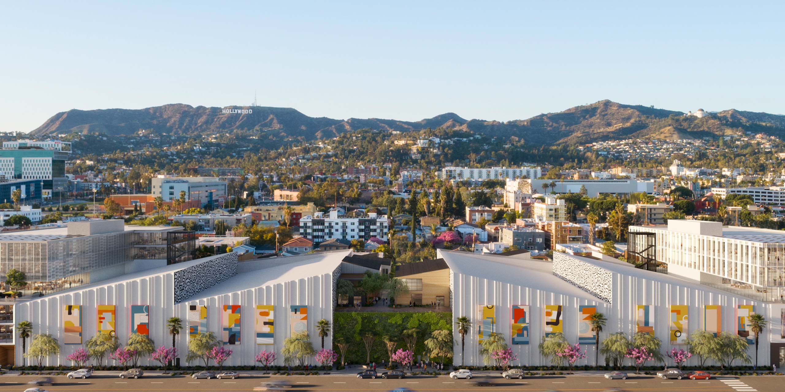 Echelon Studios rendering of the exterior facade with Hollywood hills backdrop