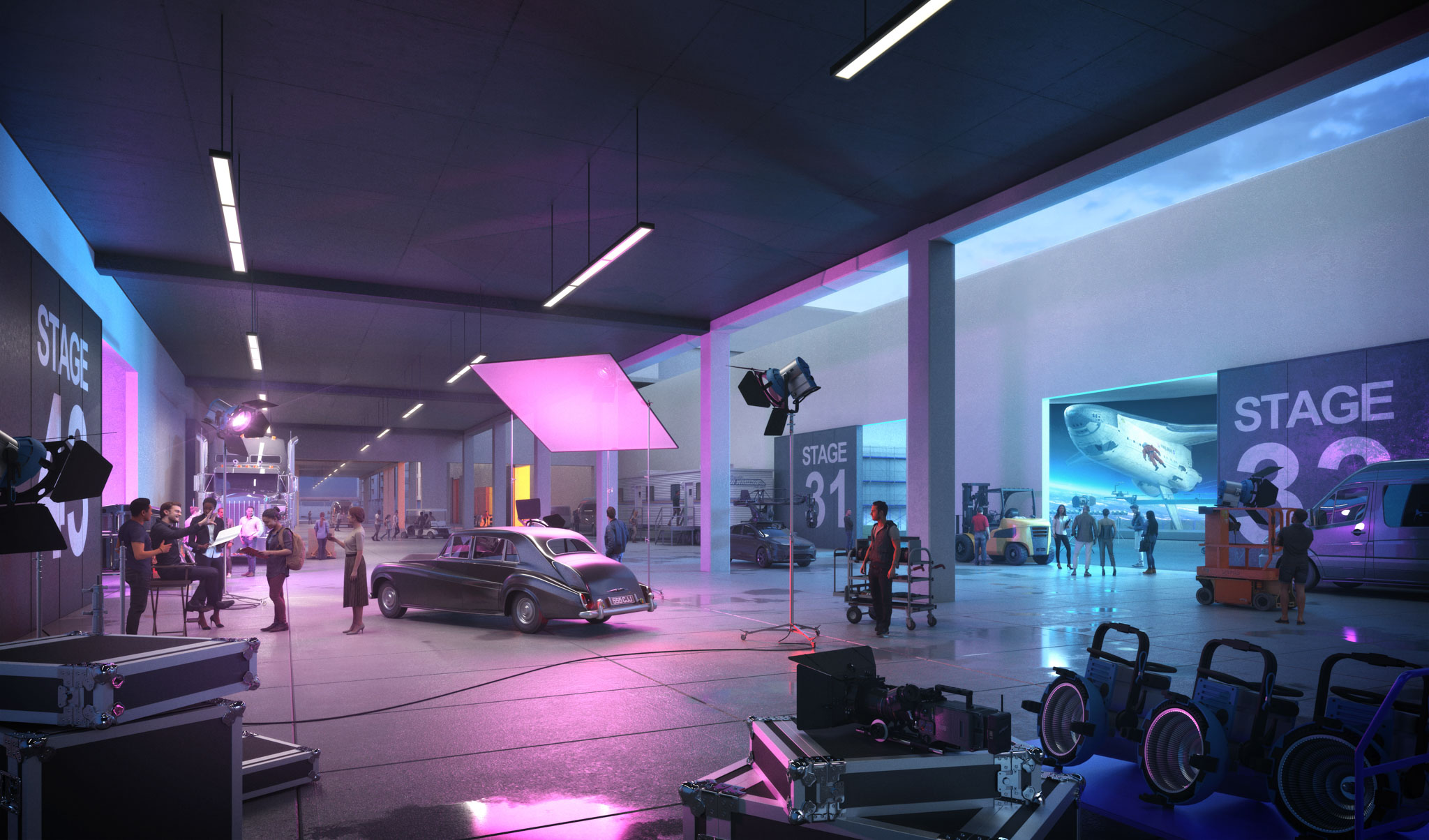 interior view of a television city production set with a car and blue and pink lighting