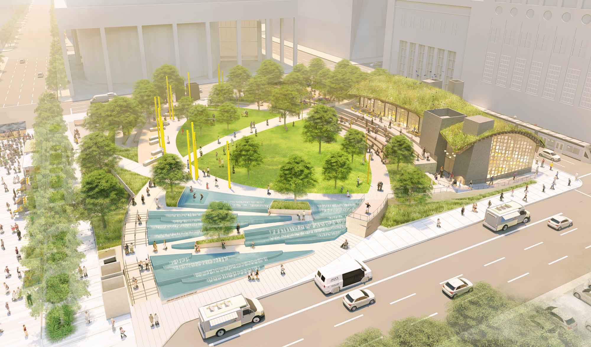 Aerial view of Lynn Wyatt square park with curved pathways, grass, trees, and a tiered fountain