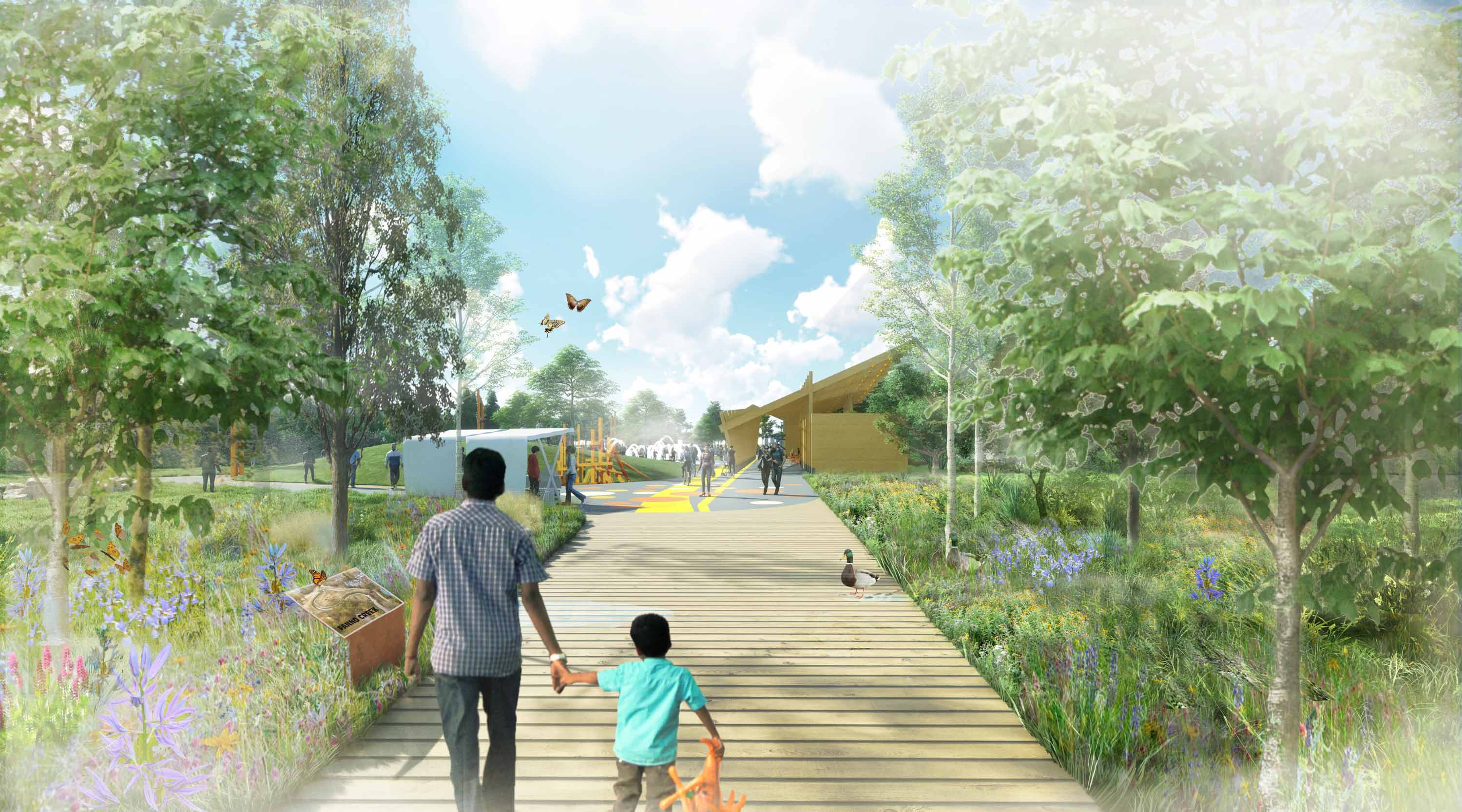 Rendering view of the entry to Universal Plaza from the future Fanno Creek boardwalk
