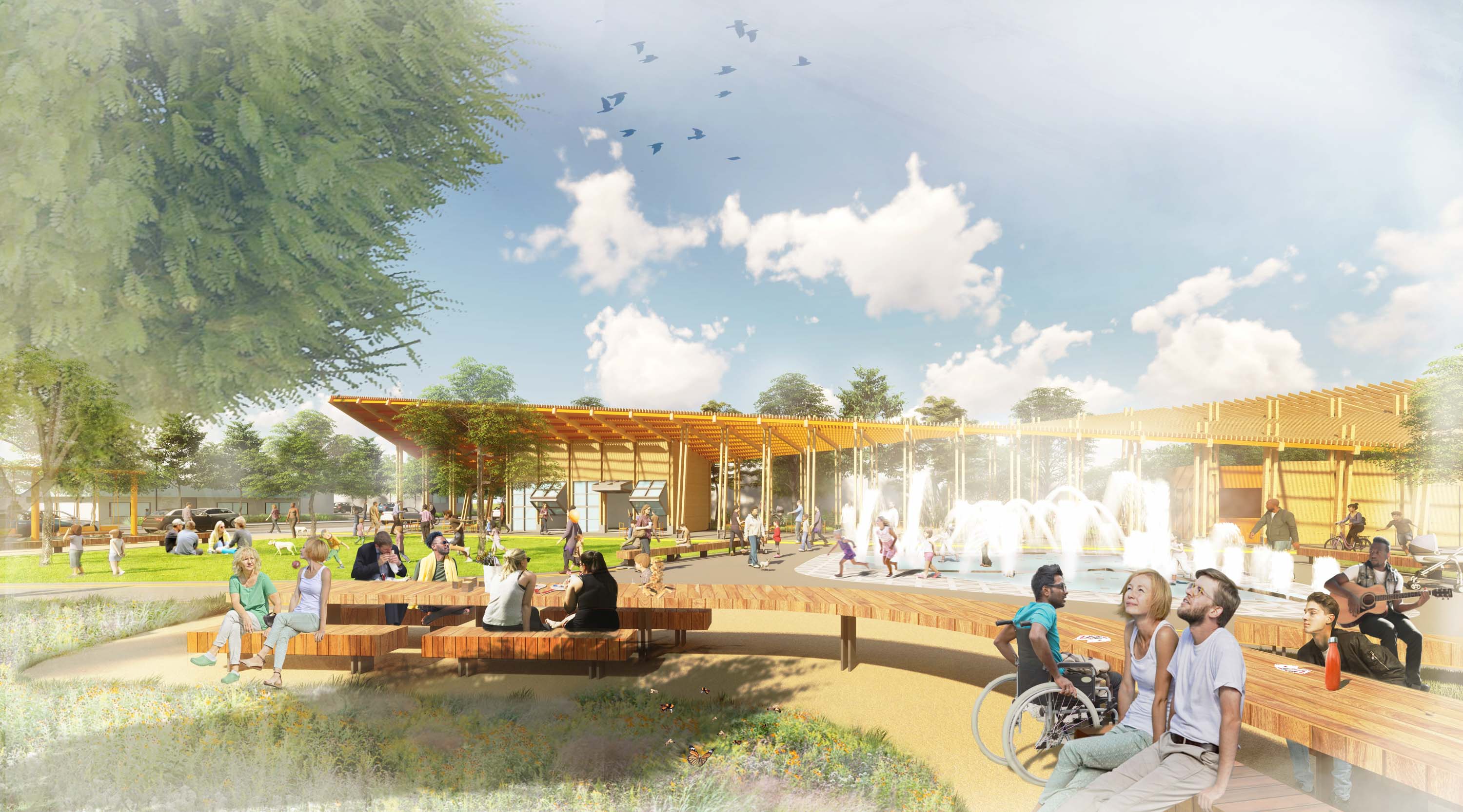 Rendering view of the communal picnic table and interactive water feature at Universal Plaza