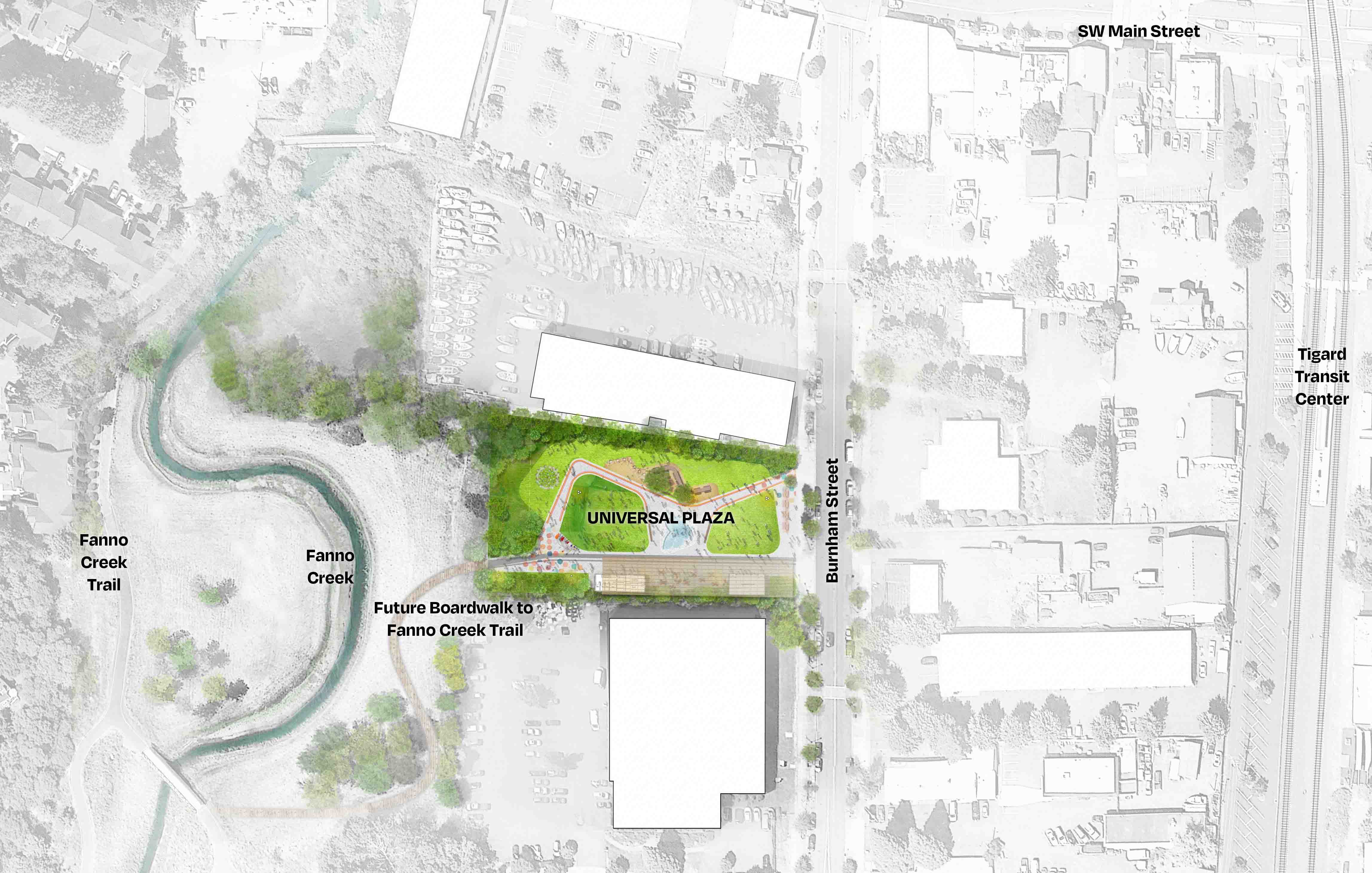 Universal Plaza site plan that represents connectivity between downtown, the transit center, and Fanno Creek Trail.