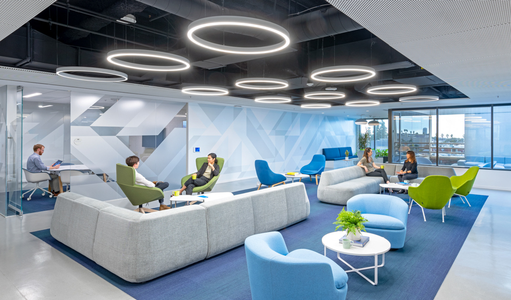 blue and gray interior lounge space at life sciences campus