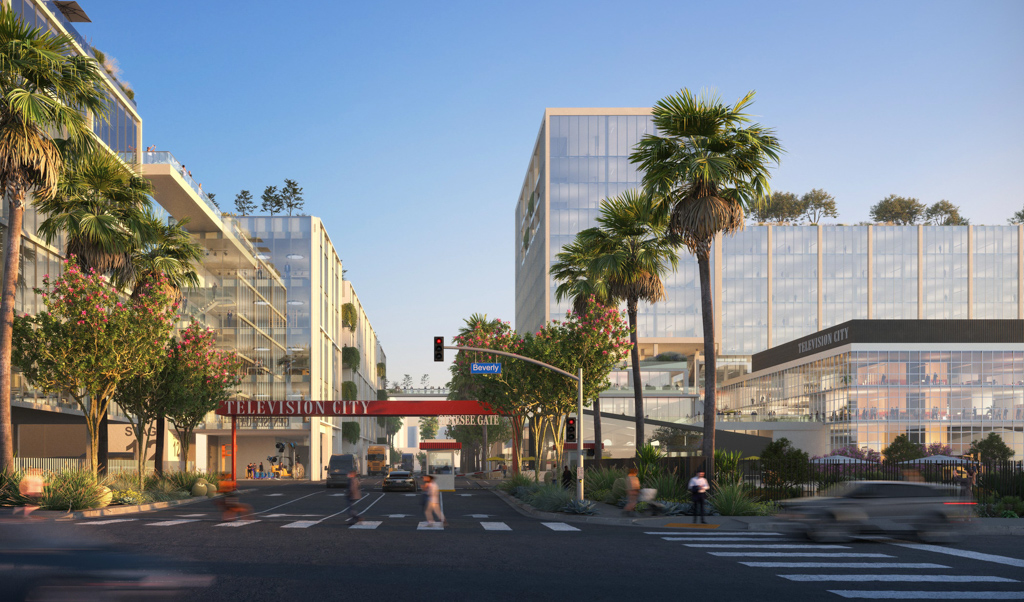 The proposed entrance and genessee gate at Television City 2050 featuring an enhanced landscape and urban activity