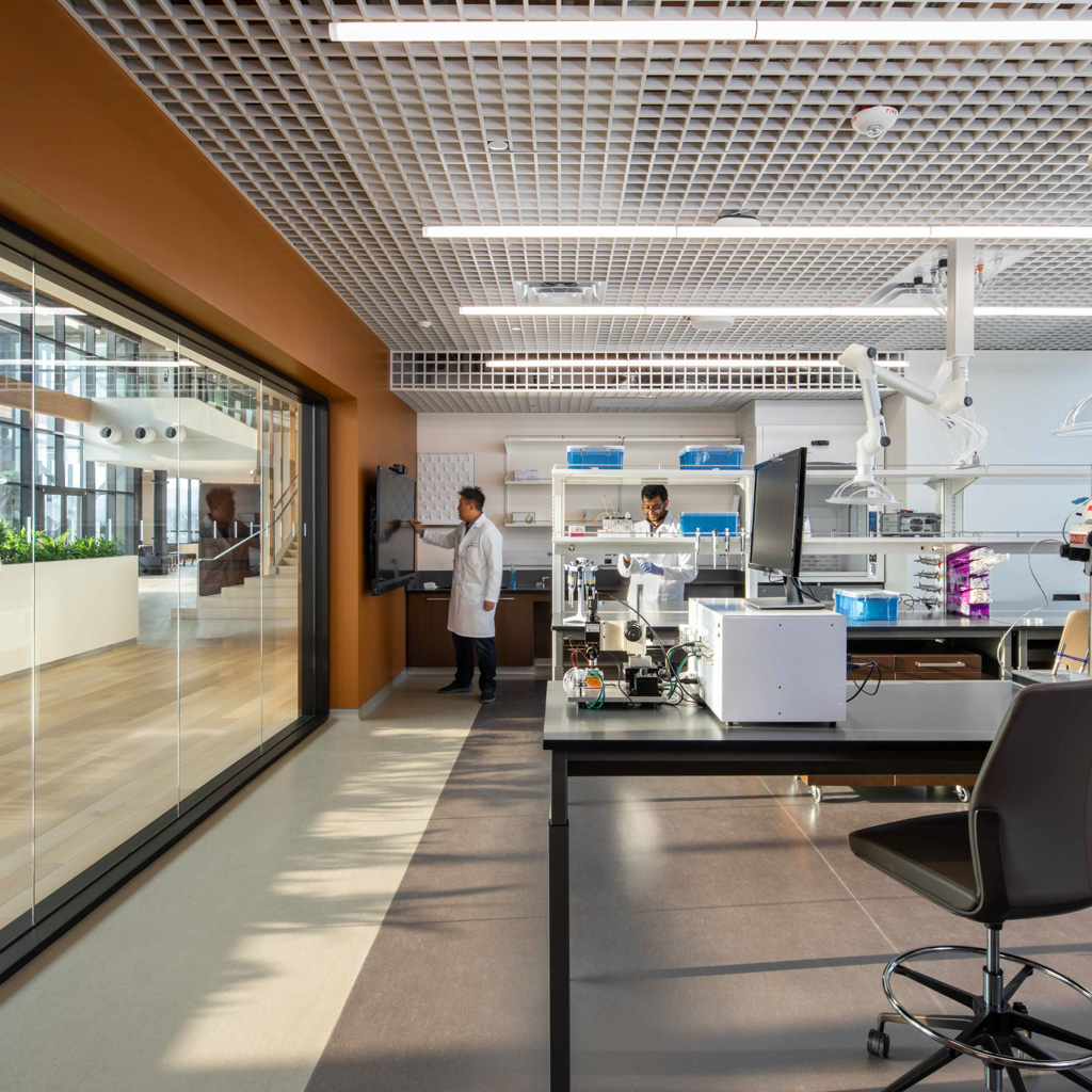 scientific laboratory with equipment and scientists in lab coats at the Ellison Institute