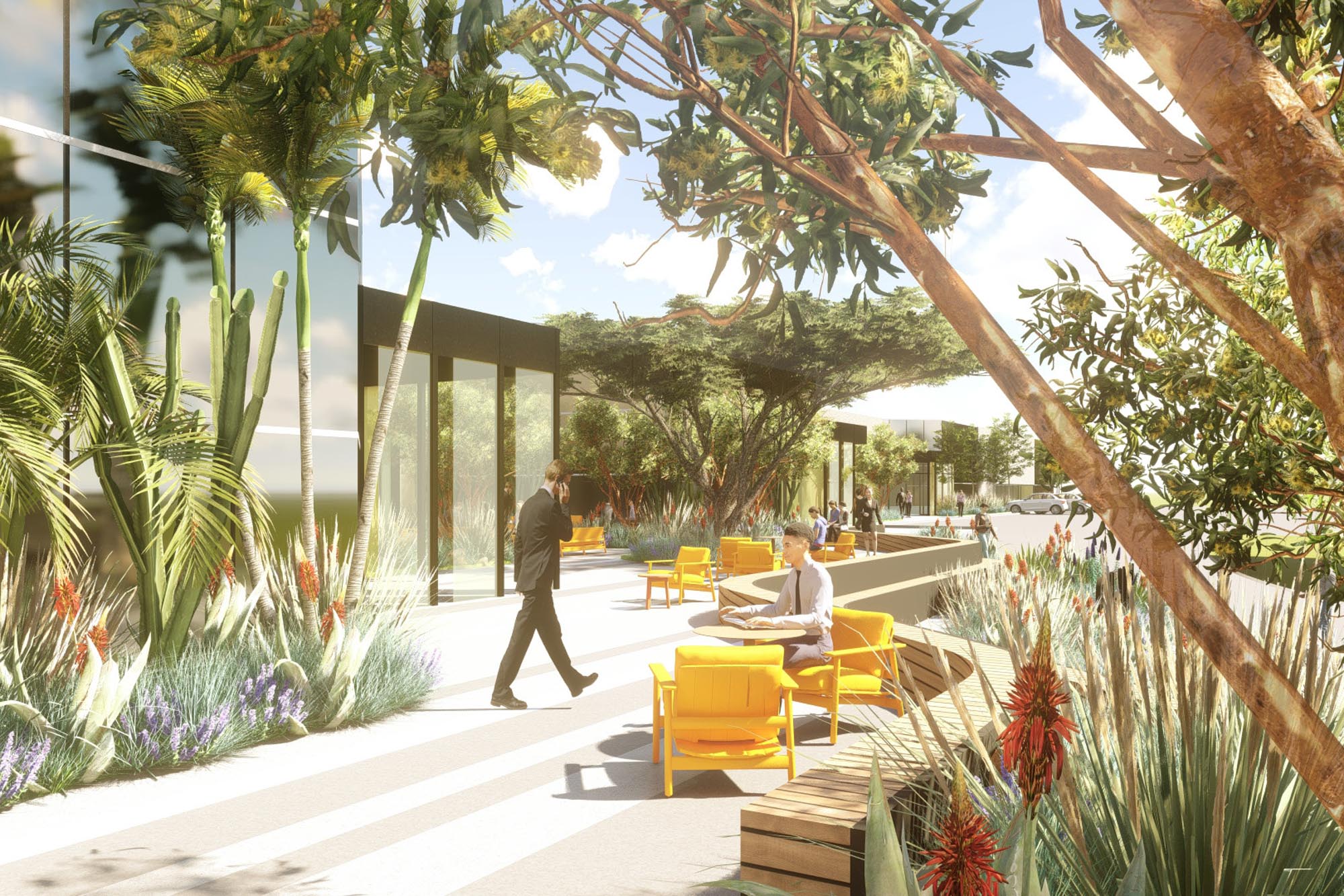 exterior rendering of the lush landscape and seating outside the future Flanders Court