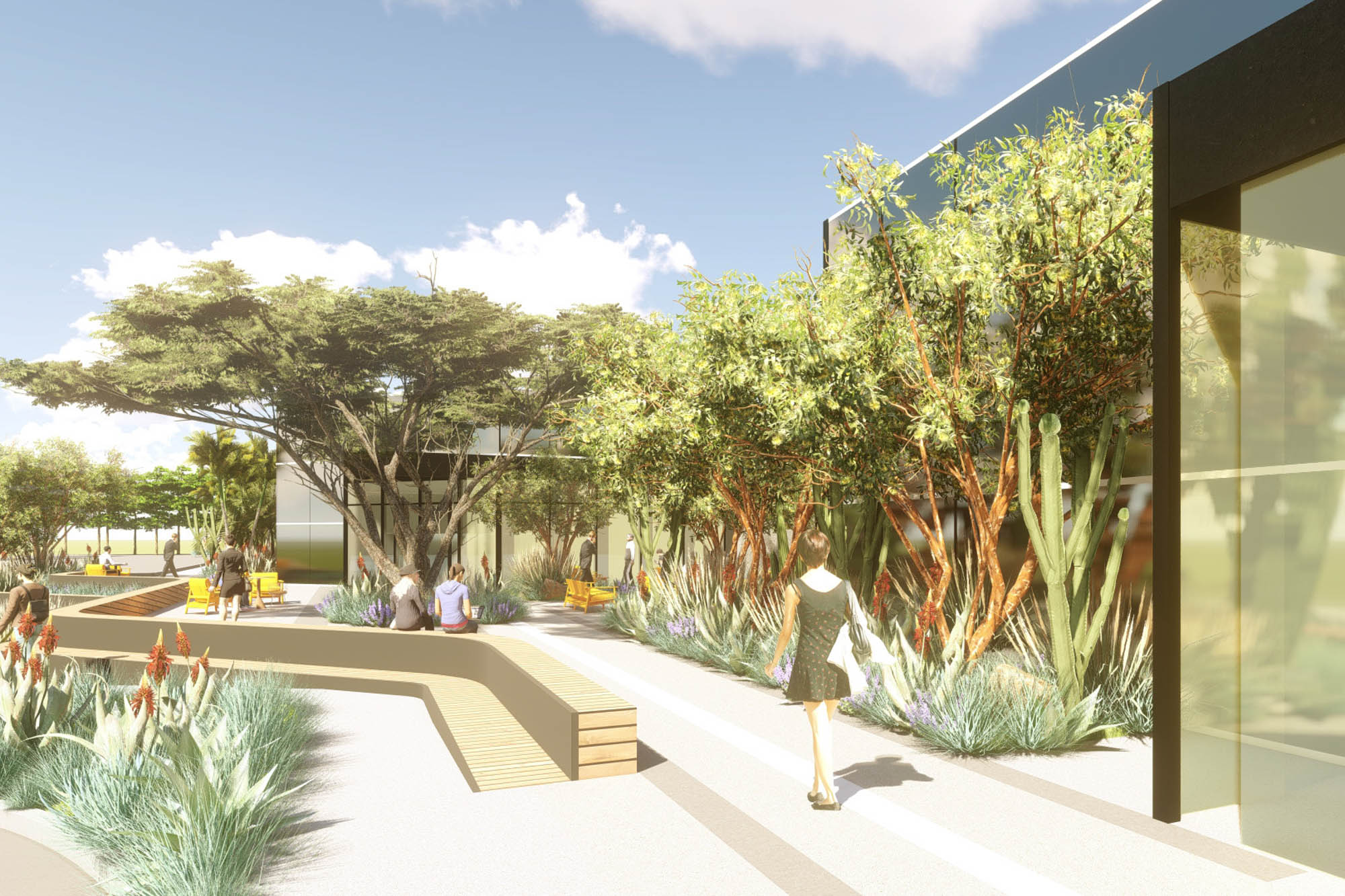 exterior rendering of the planters, trees, and seating